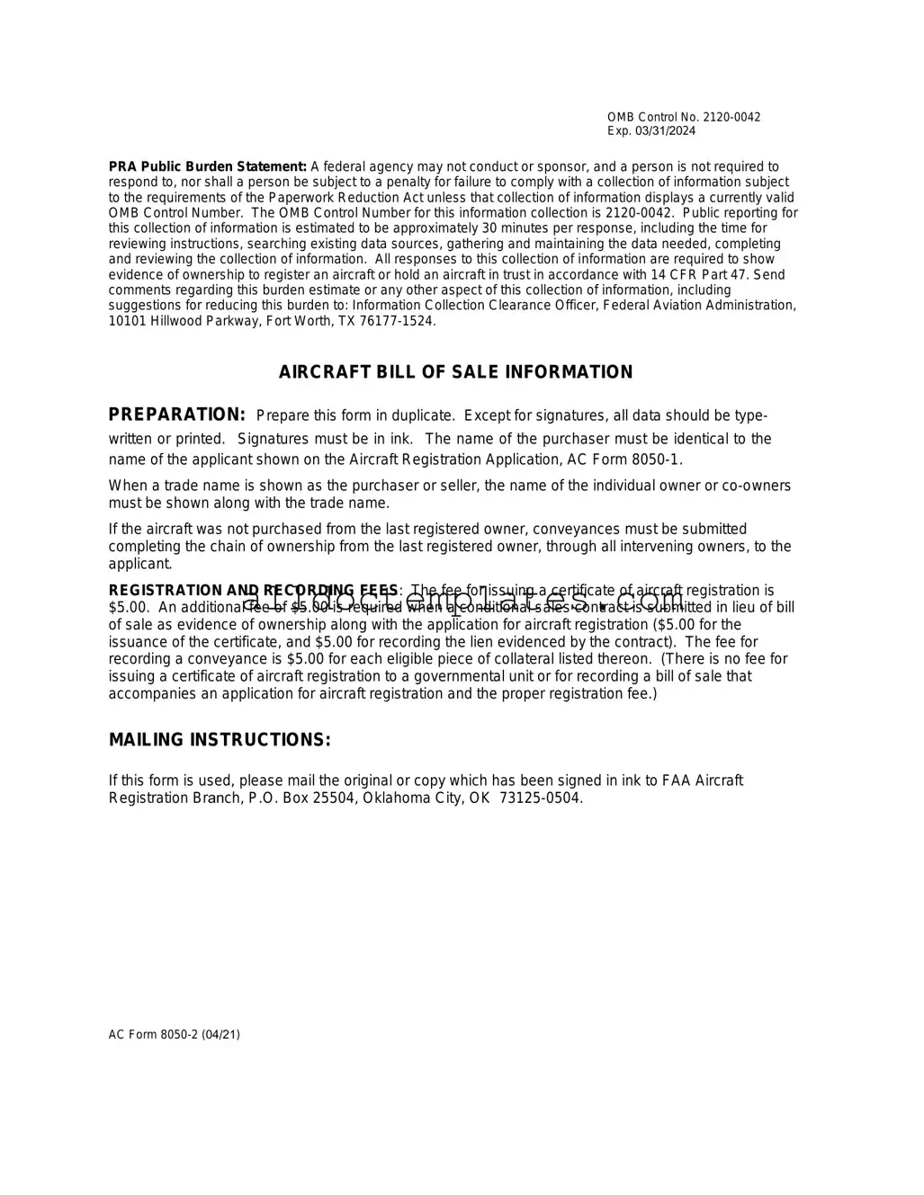 Fill in a Valid Aircraft Bill of Sale AC 8050-2 Form
