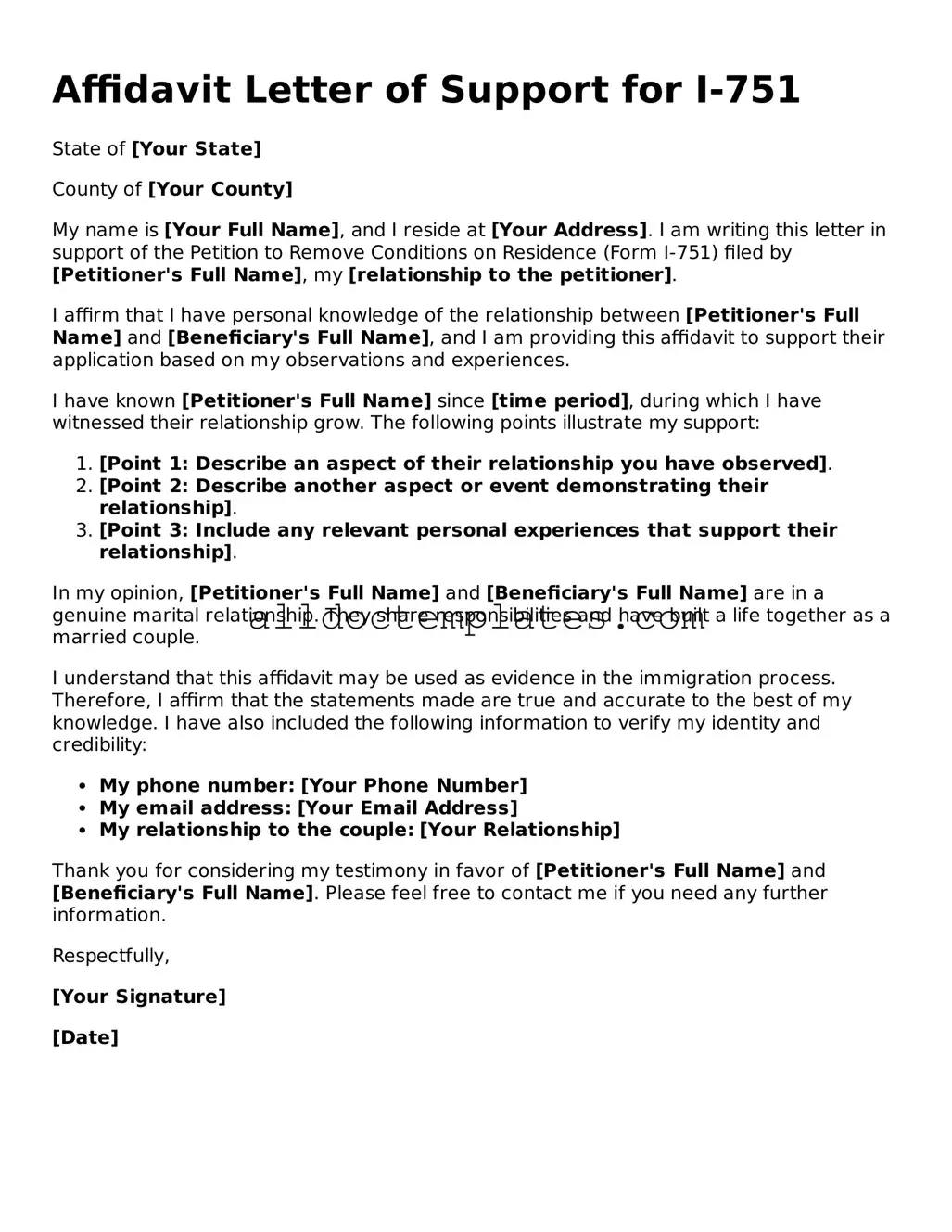 Valid Affidavit Letter of Support for I-751 Template