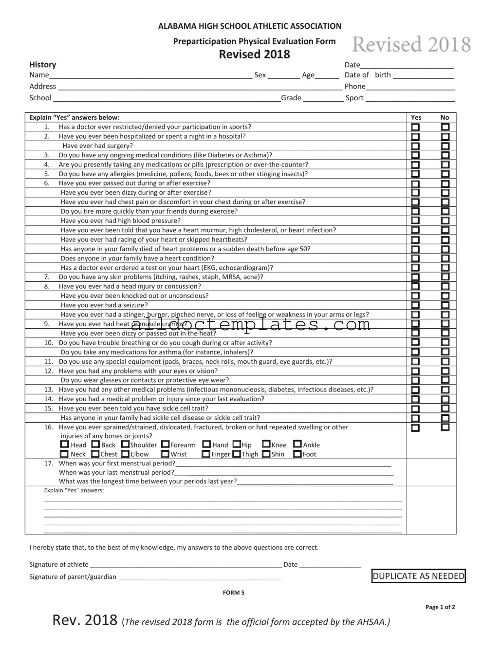 Fill in a Valid Alabama High School Physical Form