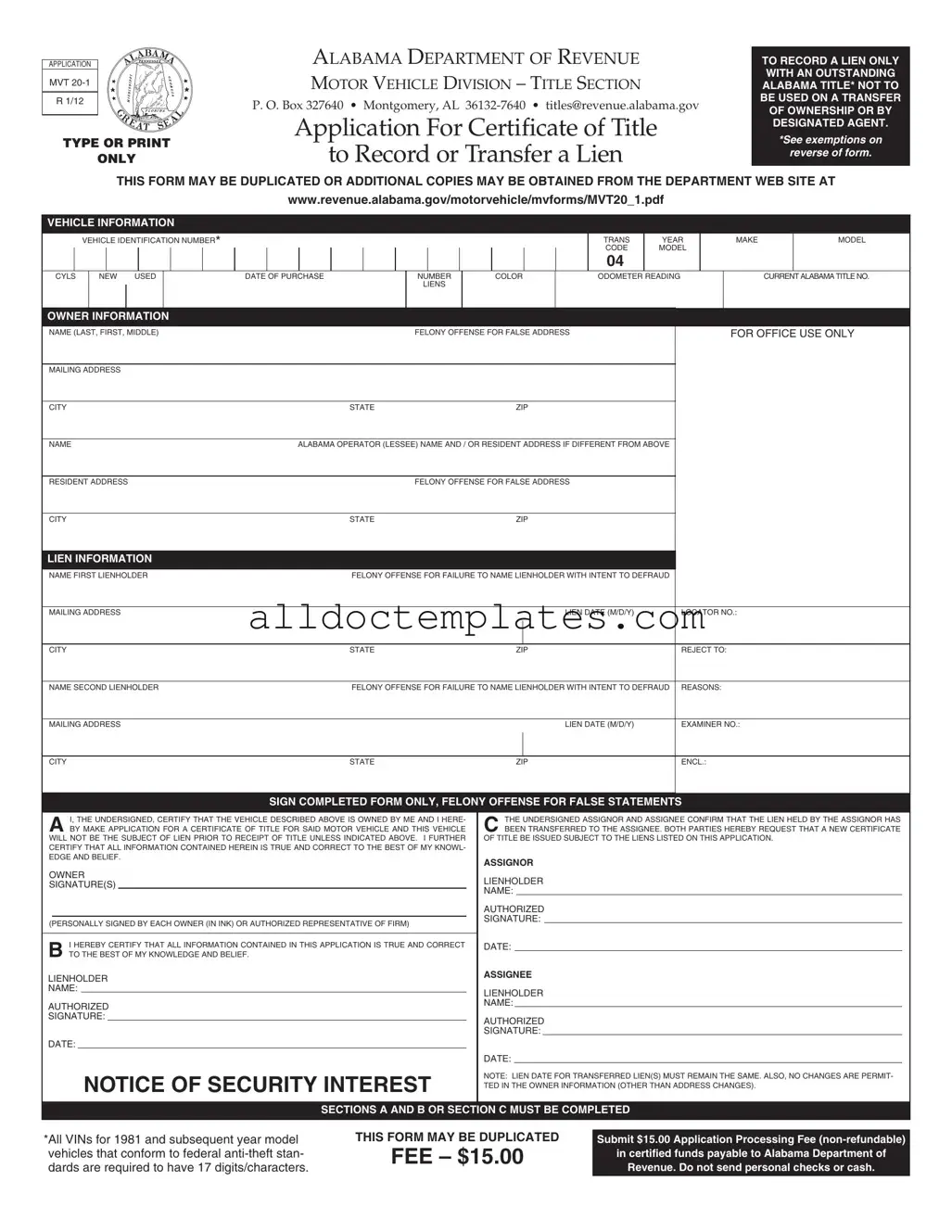 Fill in a Valid Alabama Mvt 20 1 Form