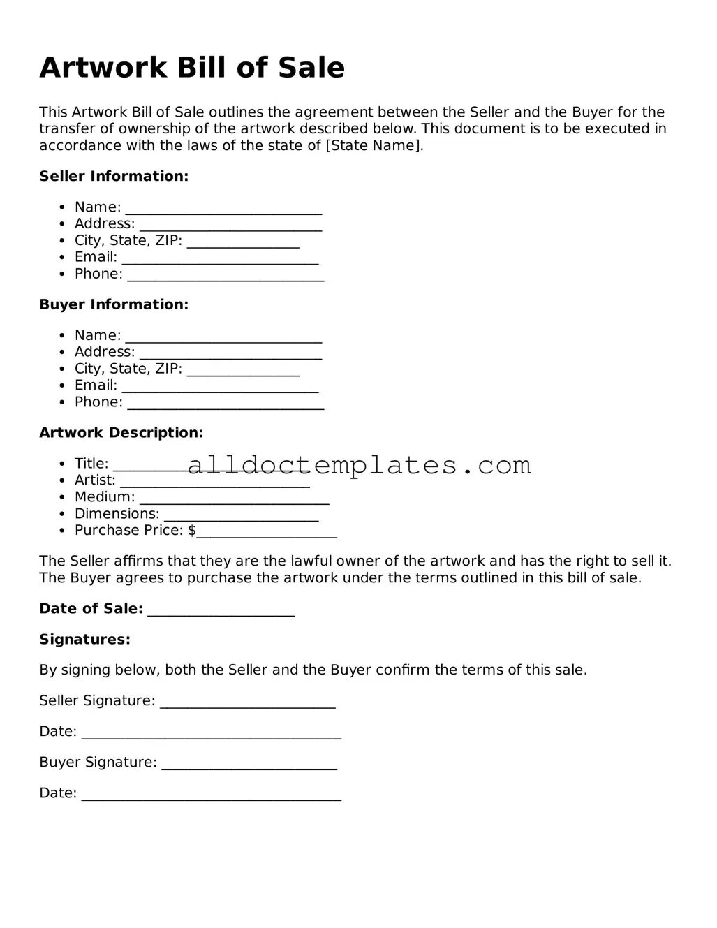 Valid Artwork Bill of Sale Template