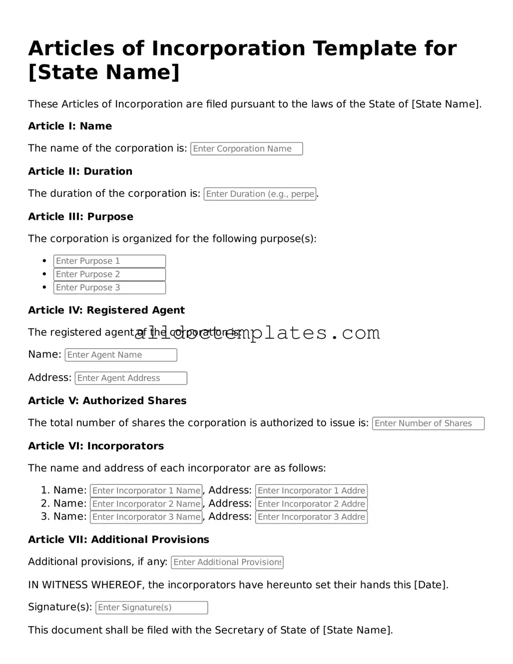 Valid Articles of Incorporation Template