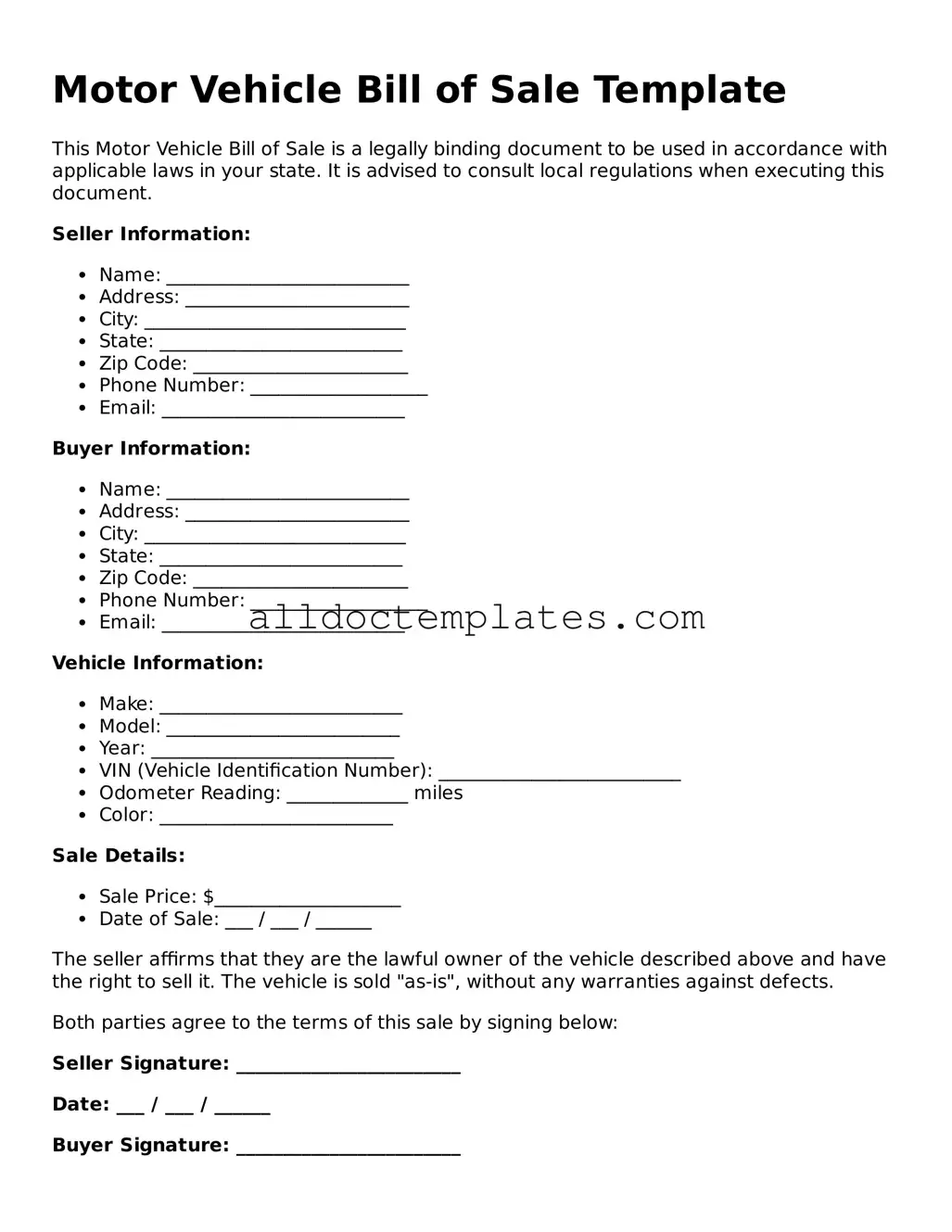 Valid Motor Vehicle Bill of Sale Template