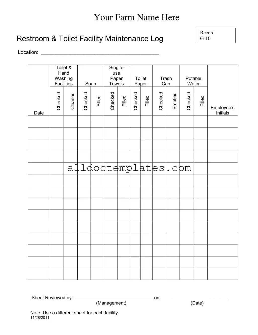 Fill in a Valid Bathroom Cleaning Log Sheet Form