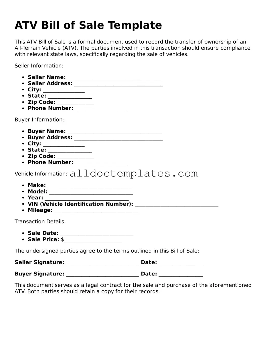 Valid ATV Bill of Sale Template