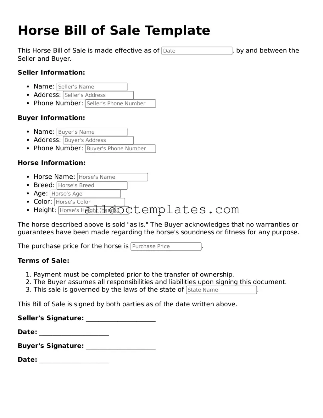 Valid Horse Bill of Sale Template