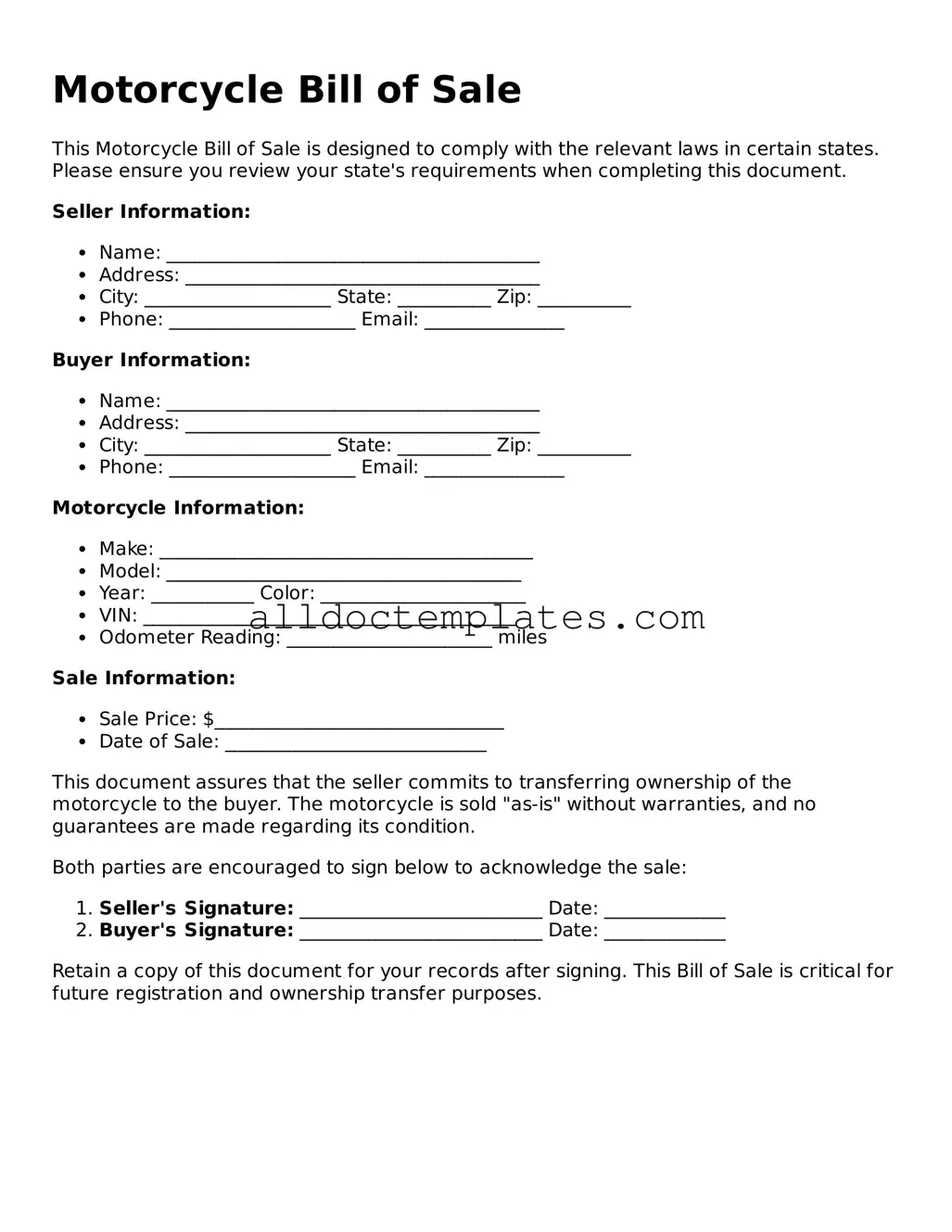 Valid Motorcycle Bill of Sale Template