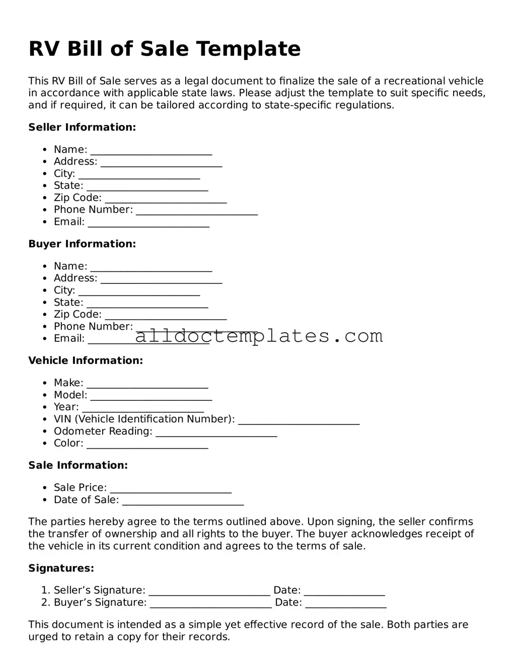 Valid RV Bill of Sale Template