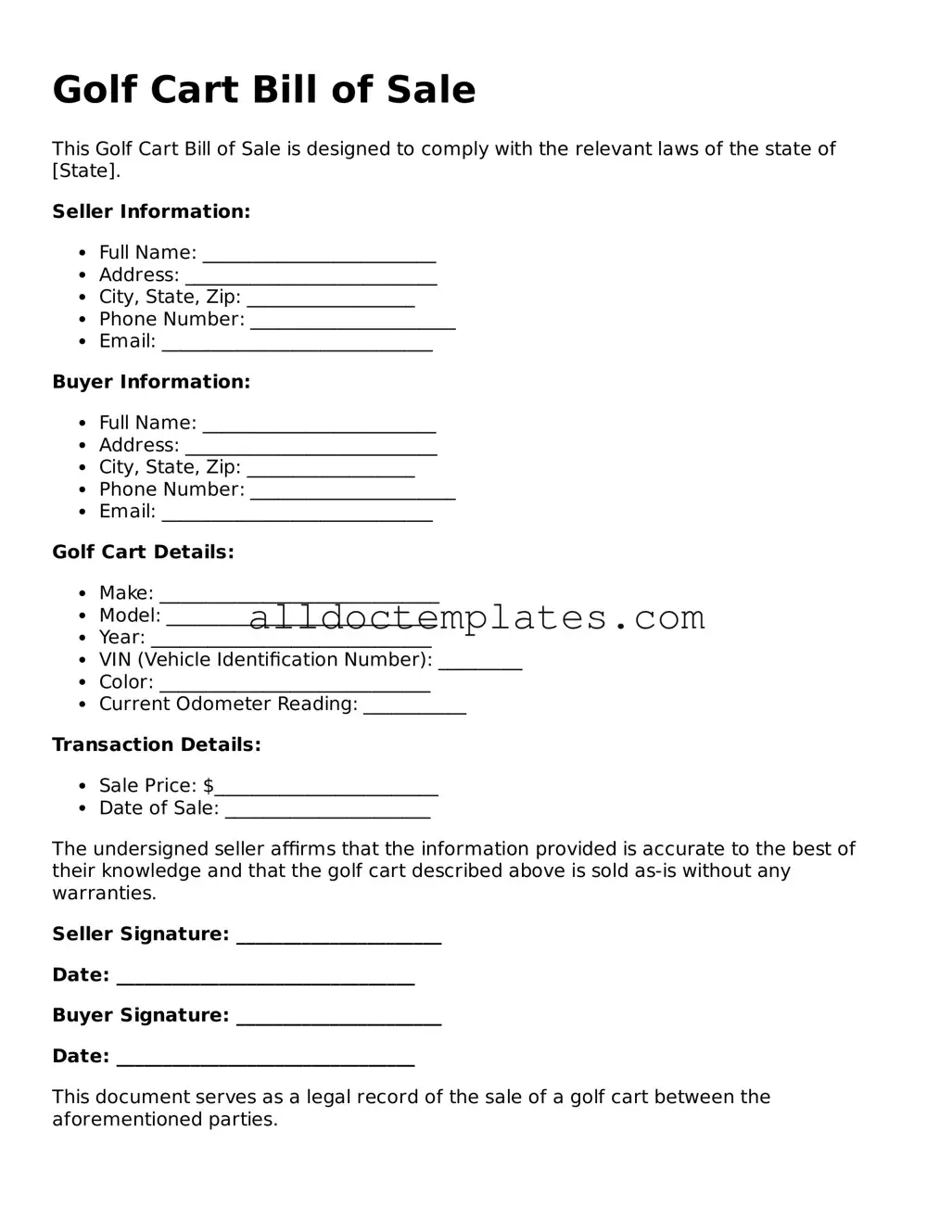 Valid Golf Cart Bill of Sale Template