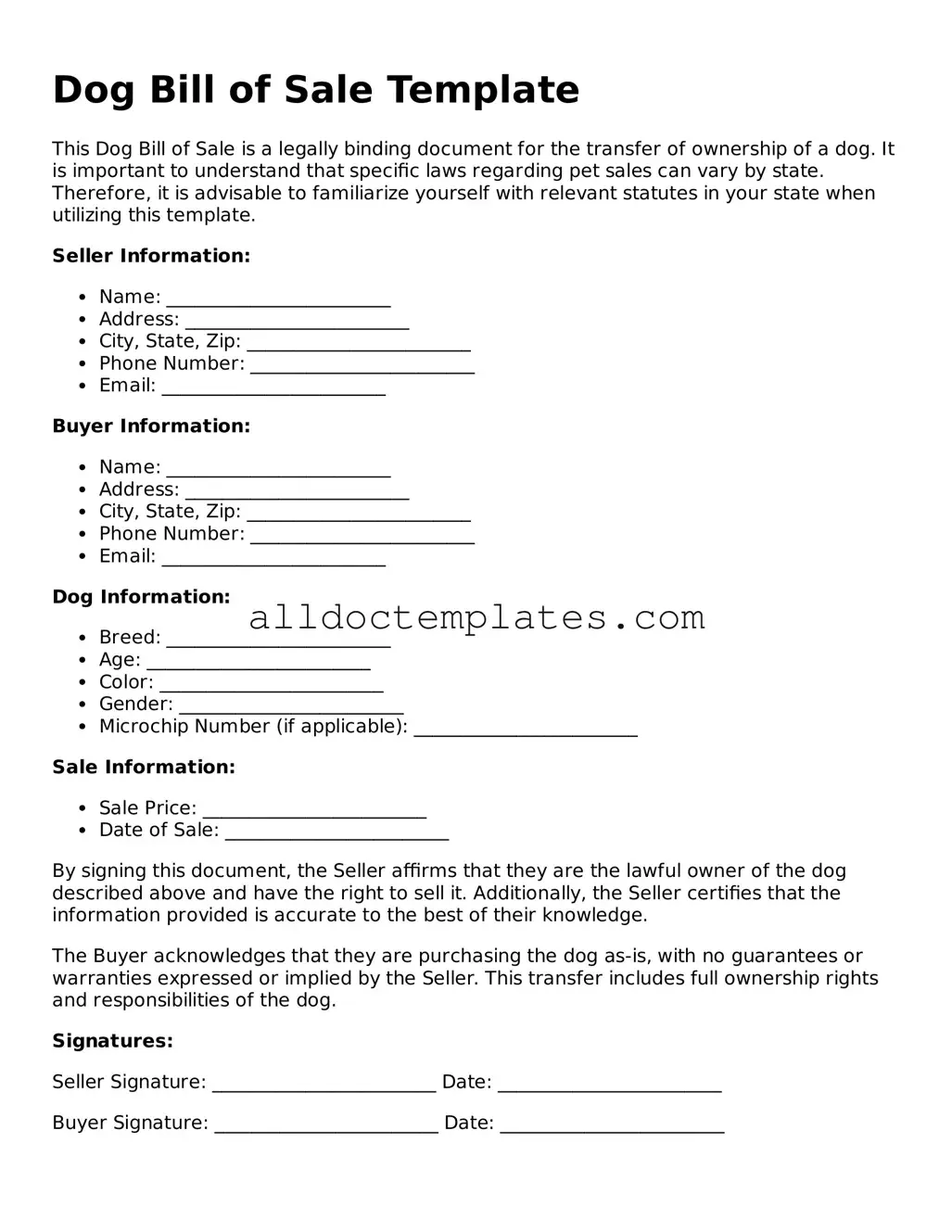 Valid Dog Bill of Sale Template