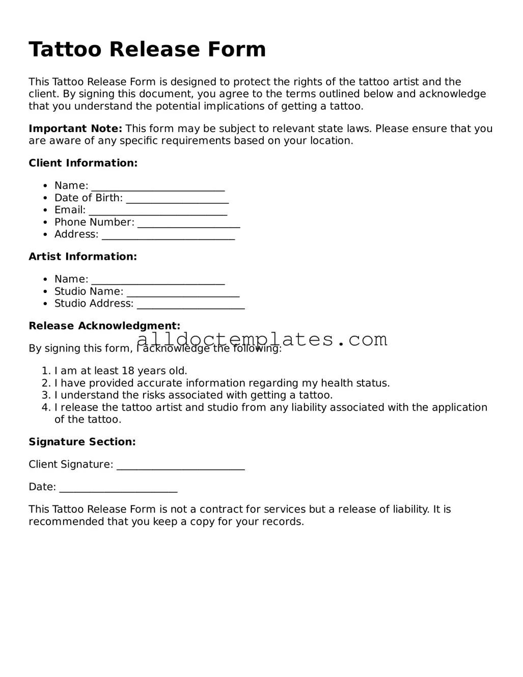 Valid Tattoo Release Template