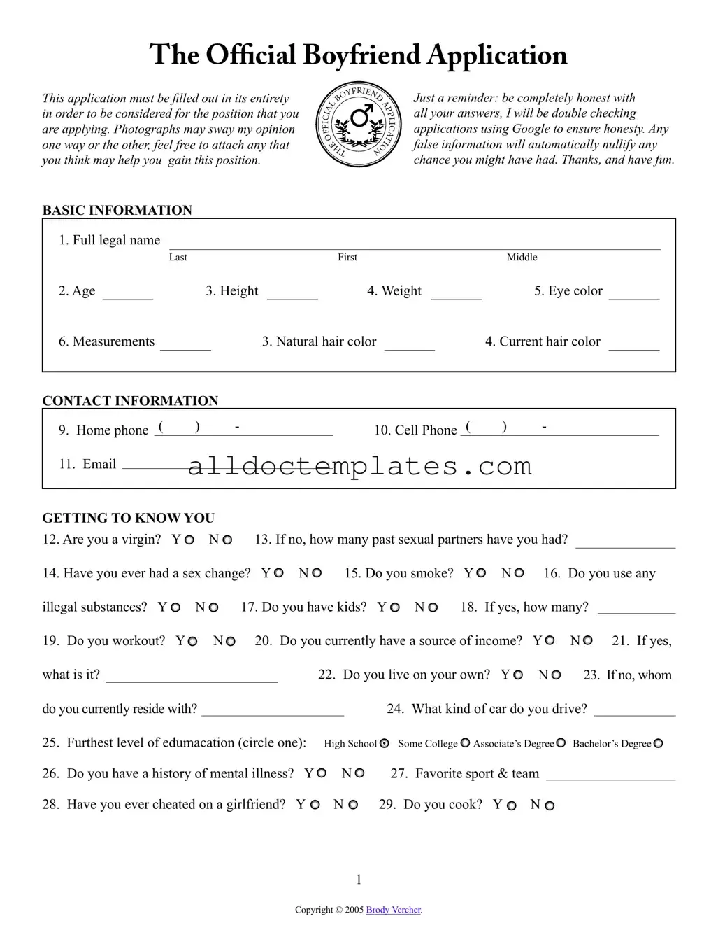 Fill in a Valid Boyfriend application form Form