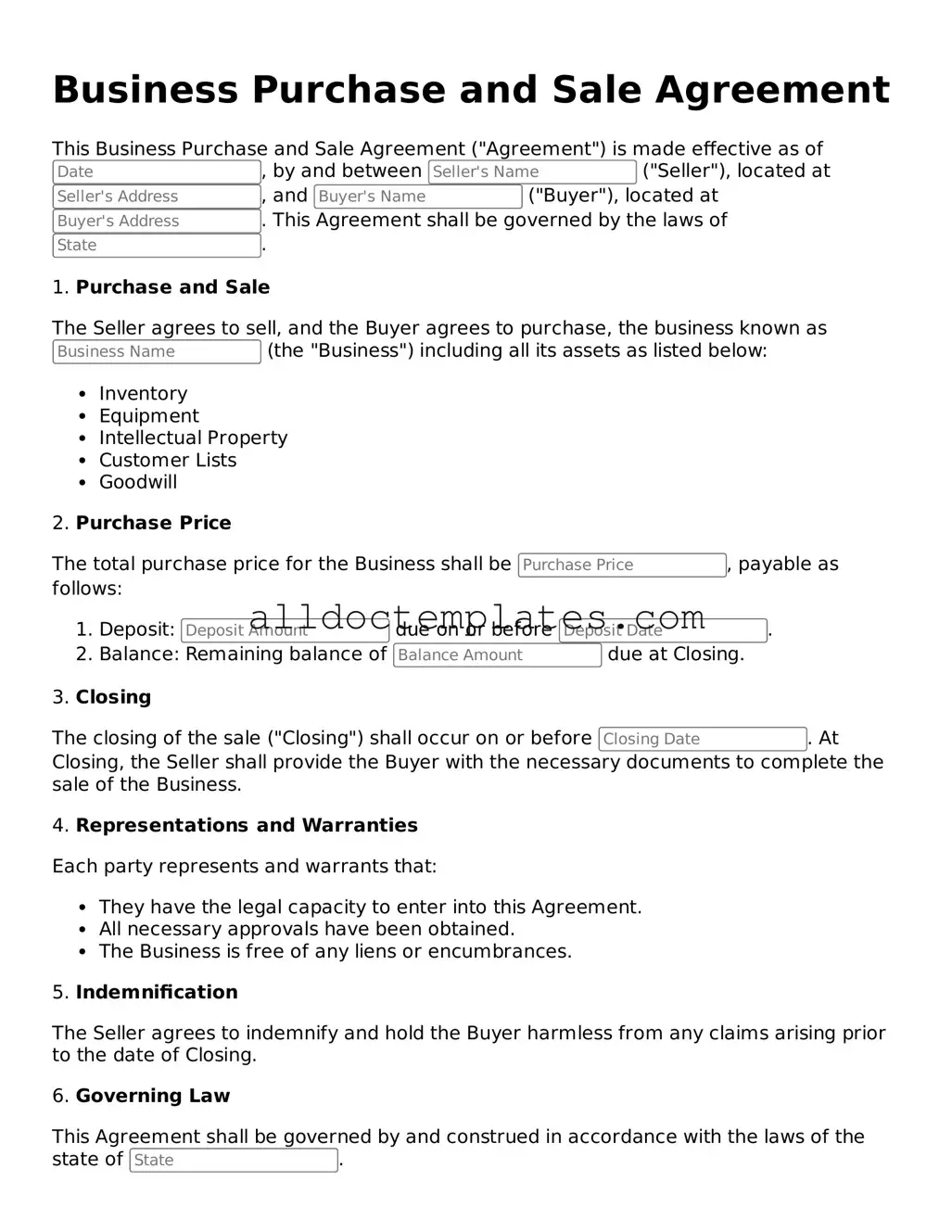 Valid Business Purchase and Sale Agreement Template
