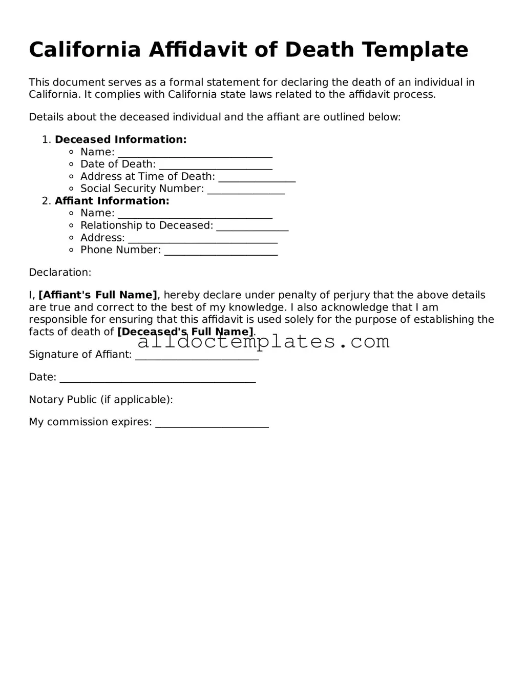 Free Affidavit of Death Document for California State