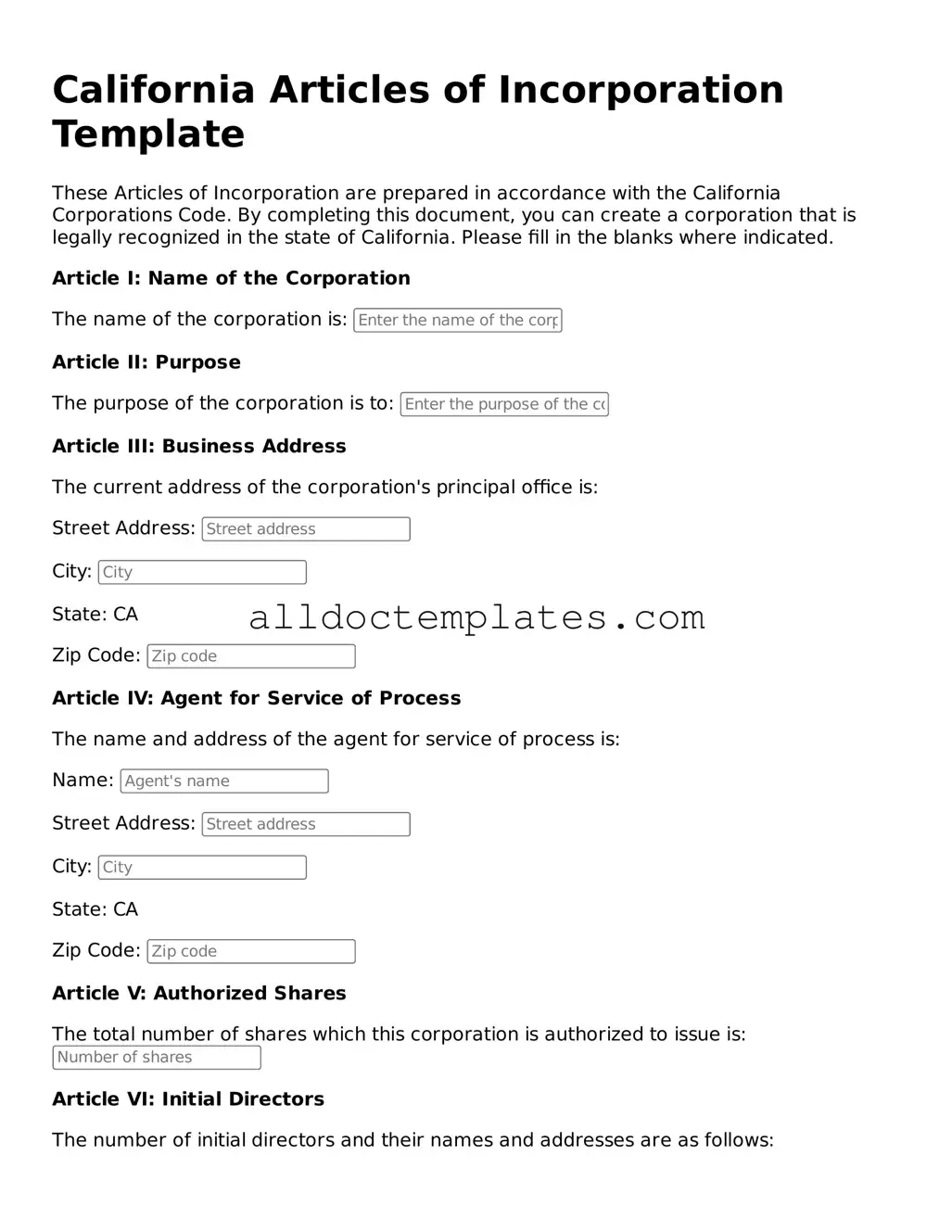 Free Articles of Incorporation Document for California State