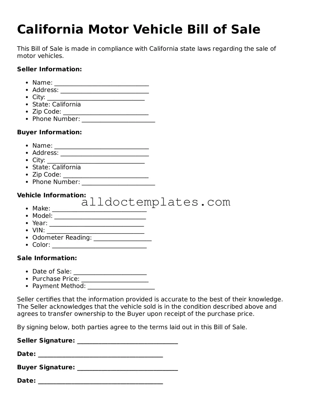 Free Motor Vehicle Bill of Sale Document for California State