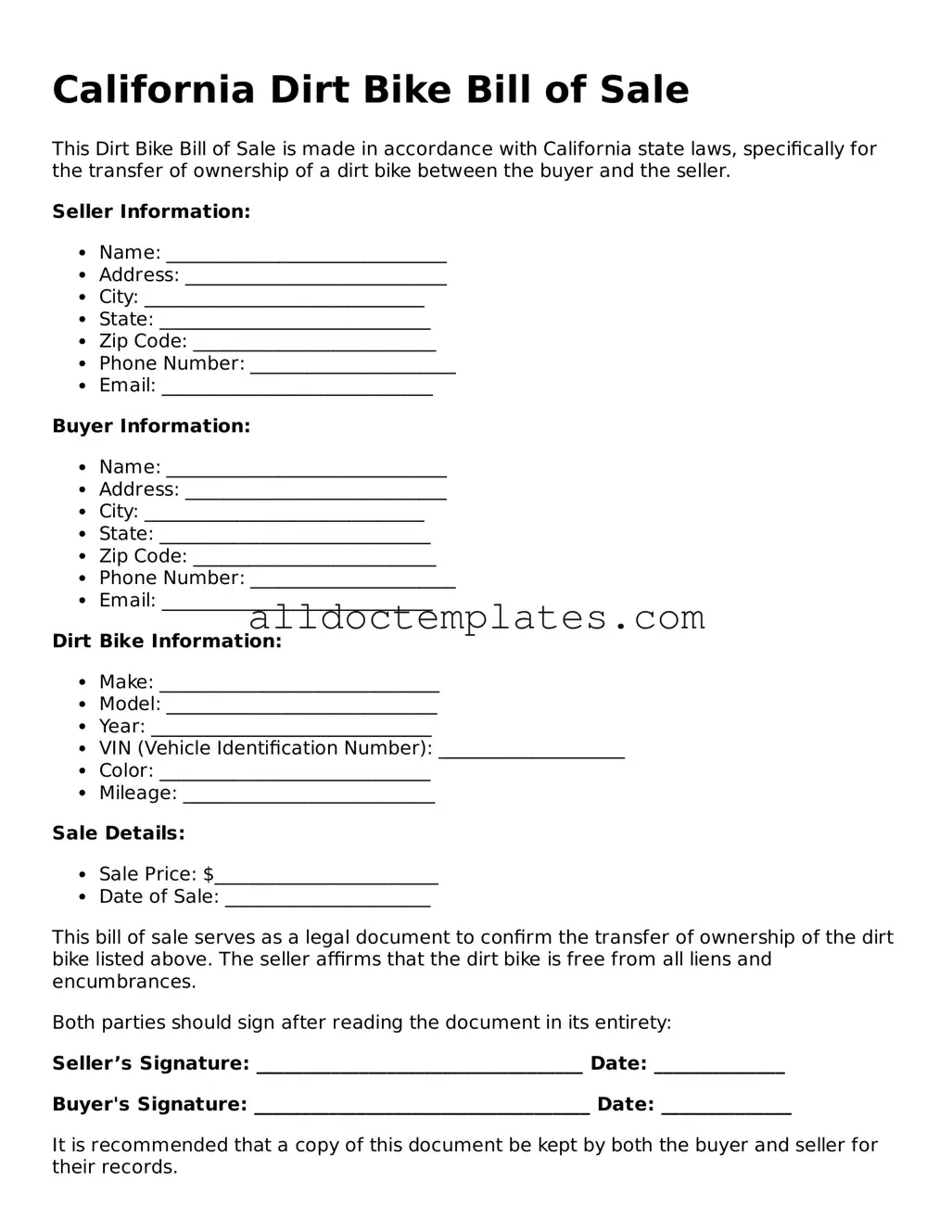 Free Dirt Bike Bill of Sale Document for California State