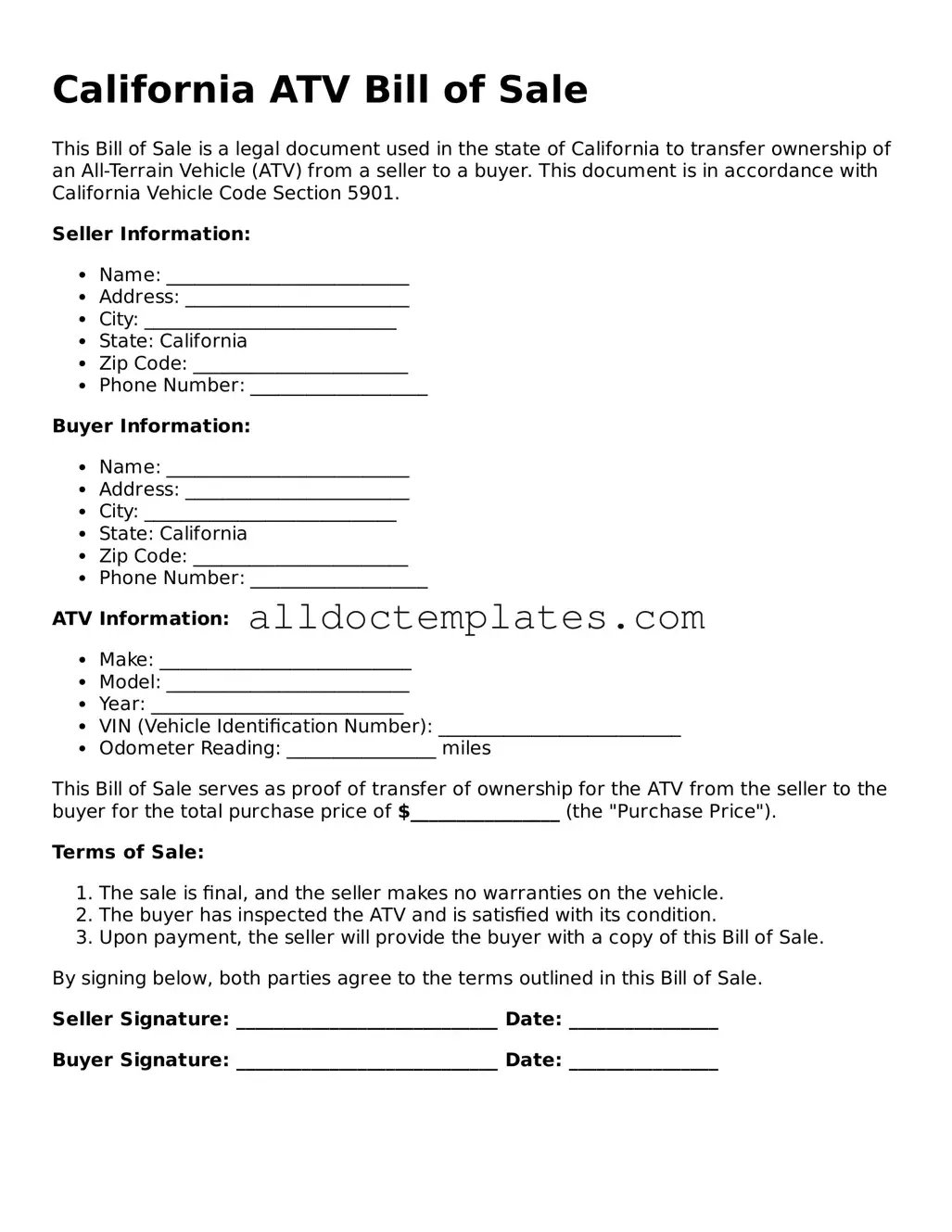 Free ATV Bill of Sale Document for California State