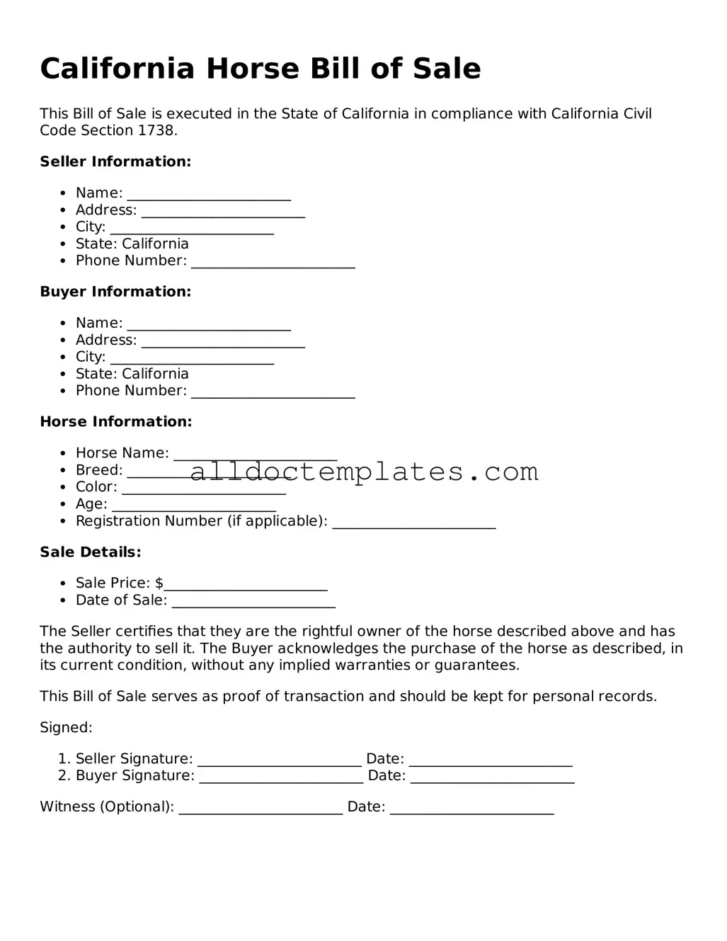 Free Horse Bill of Sale Document for California State