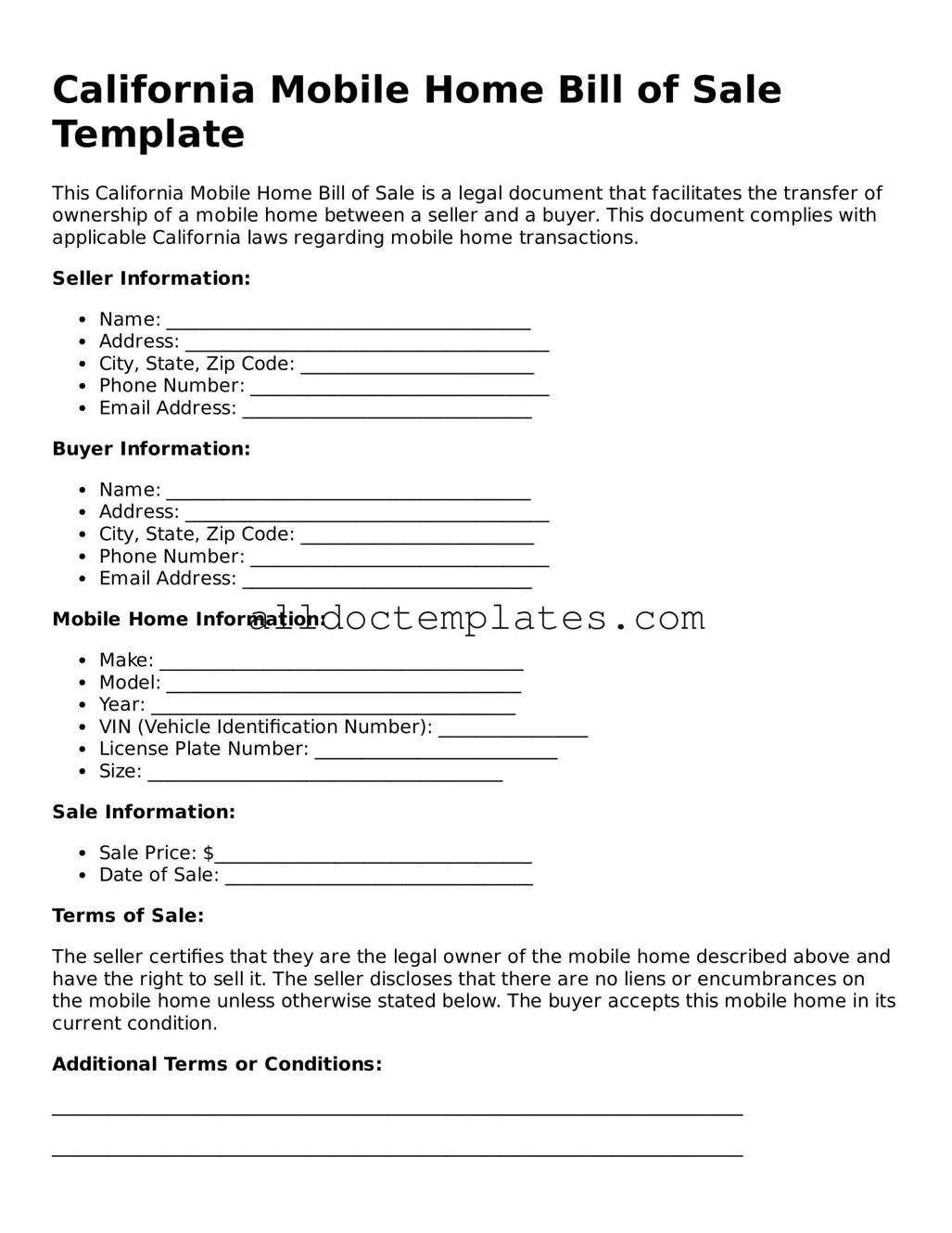 Free Mobile Home Bill of Sale Document for California State