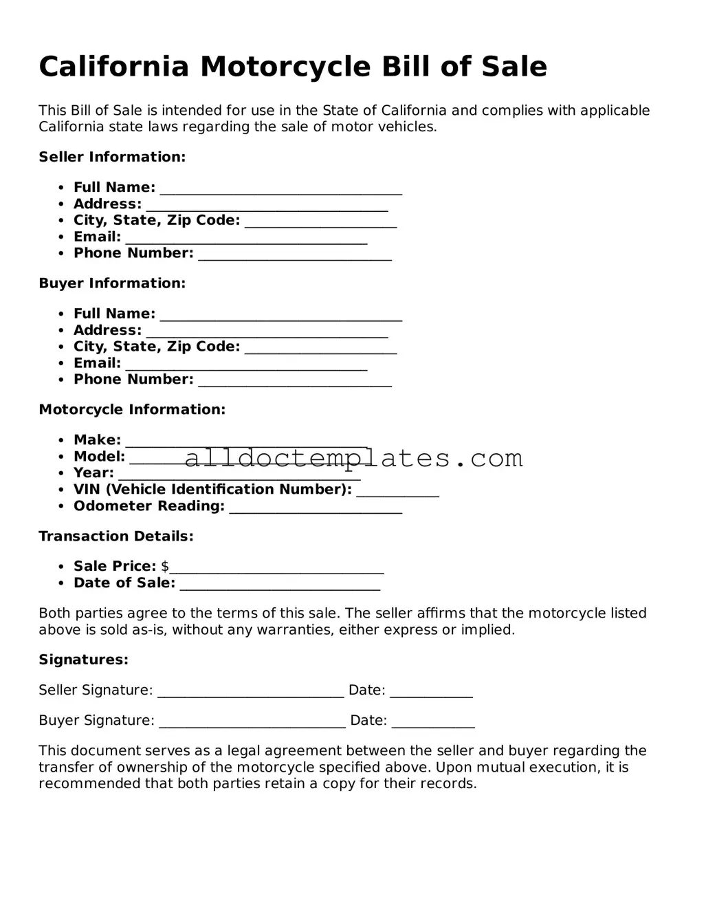 Free Motorcycle Bill of Sale Document for California State