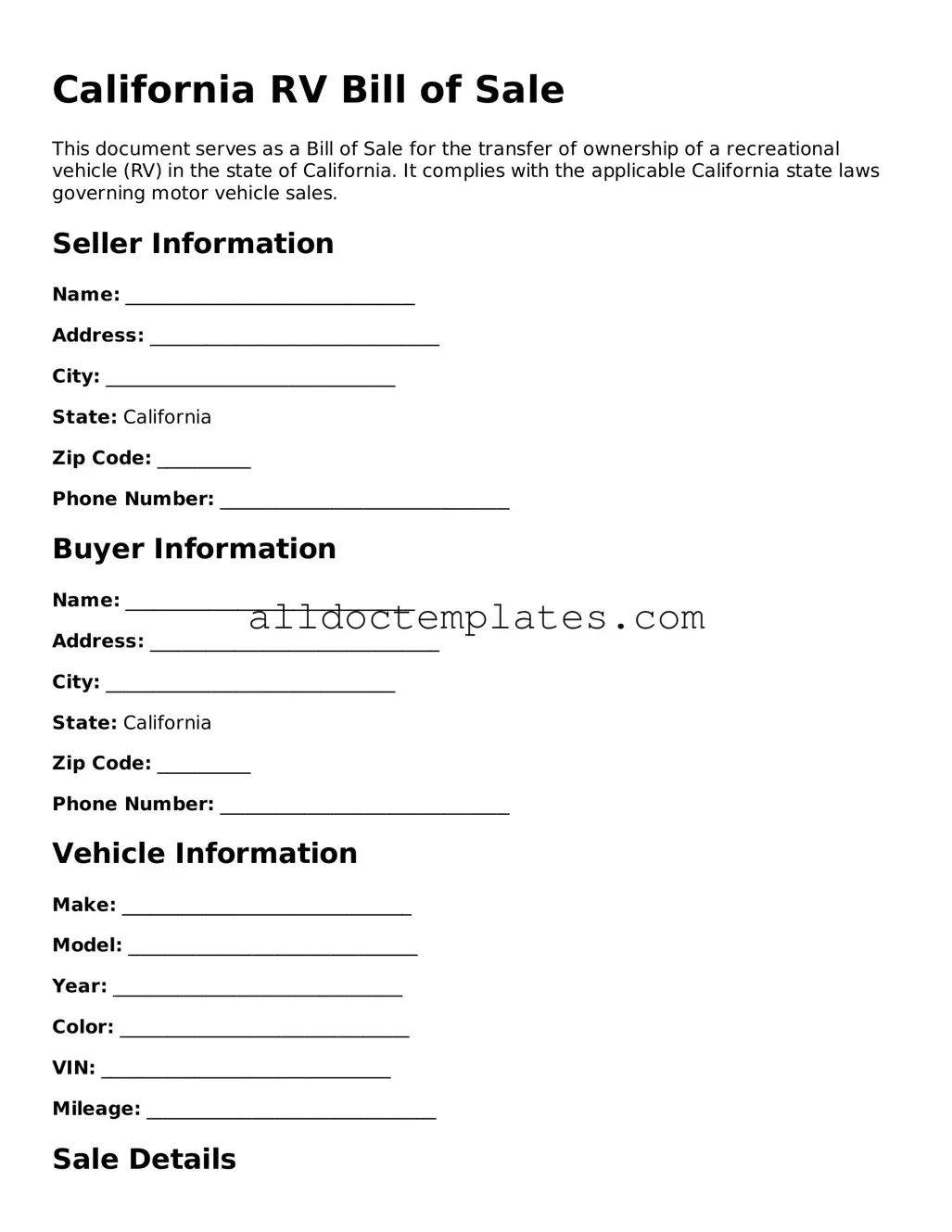 Free RV Bill of Sale Document for California State