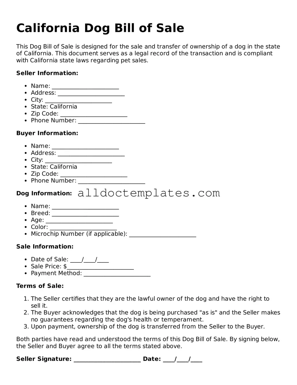 Free Dog Bill of Sale Document for California State