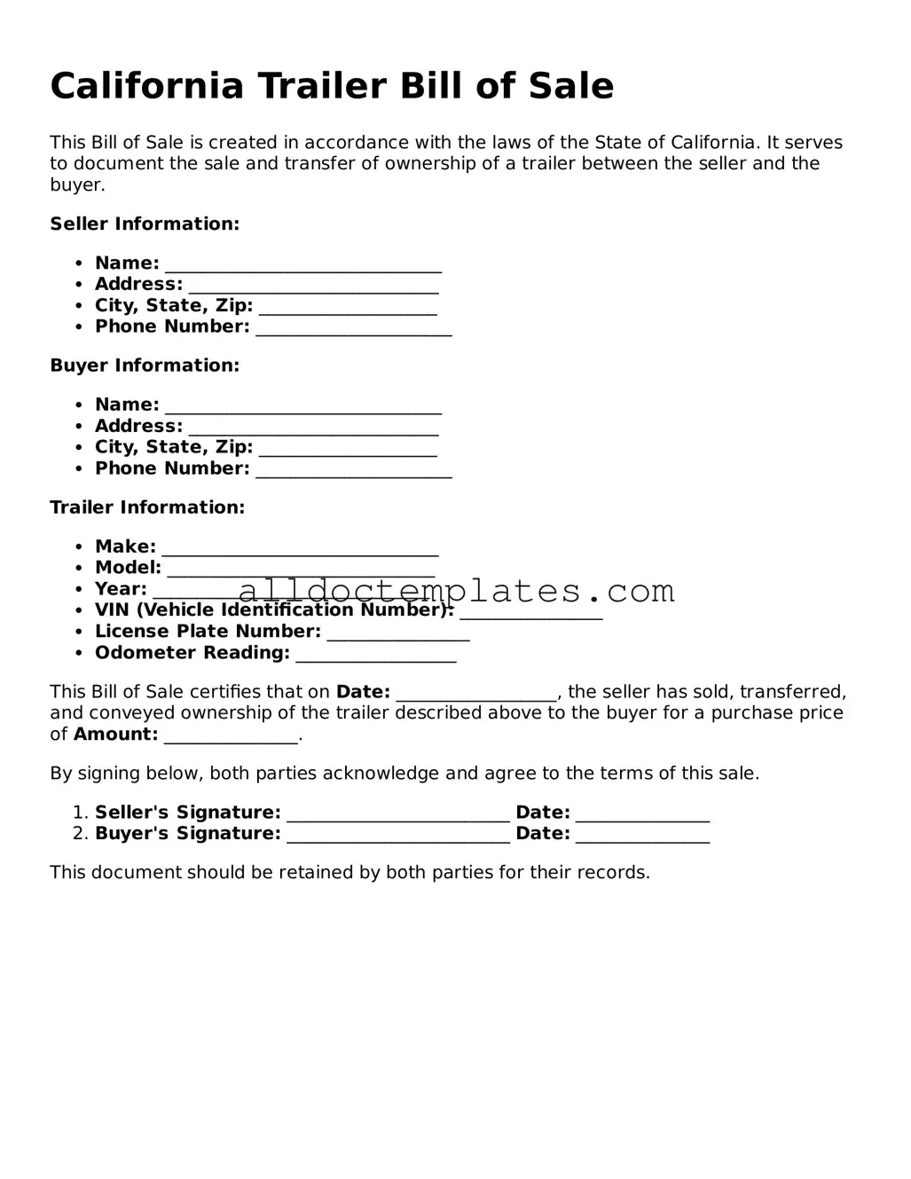 Free Trailer Bill of Sale Document for California State