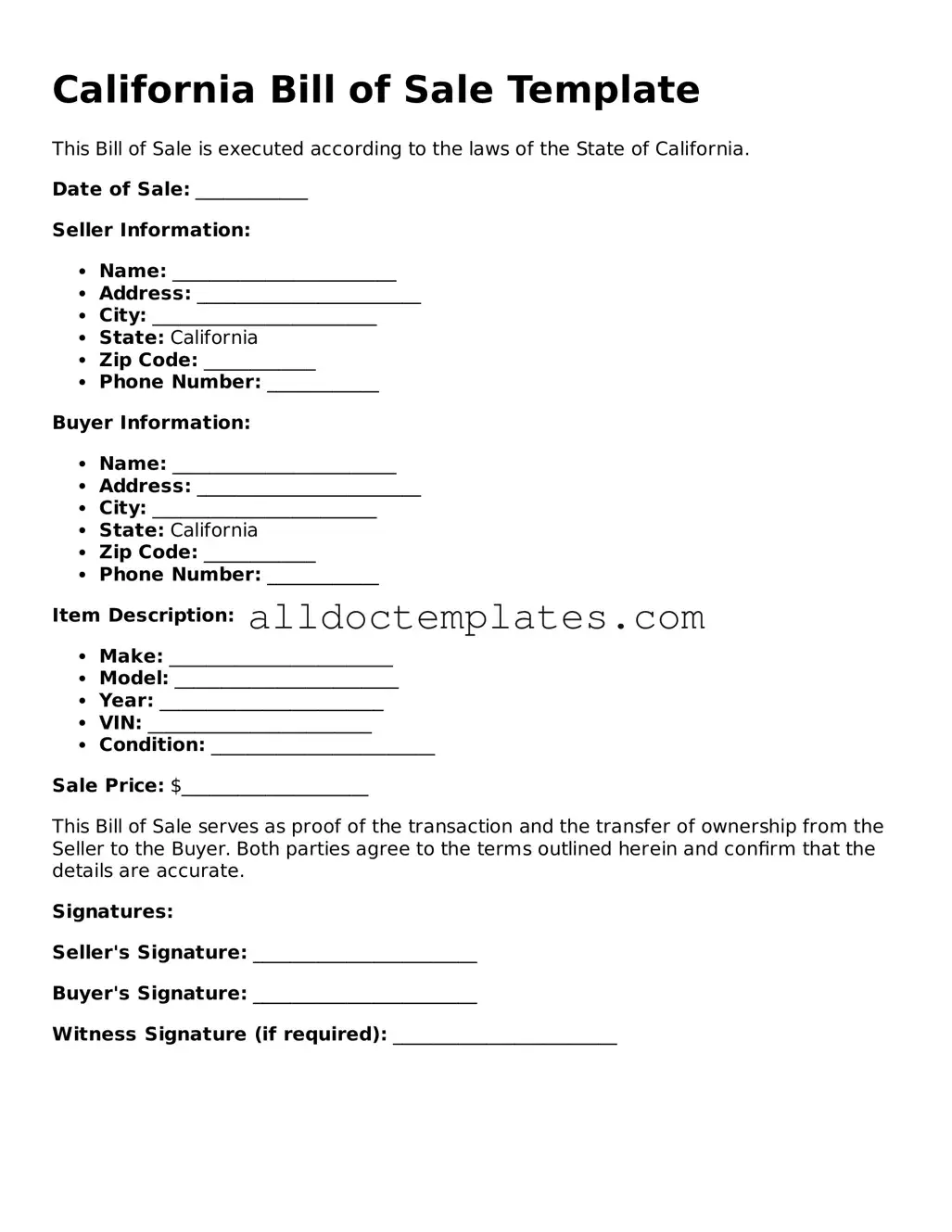 Free Bill of Sale Document for California State