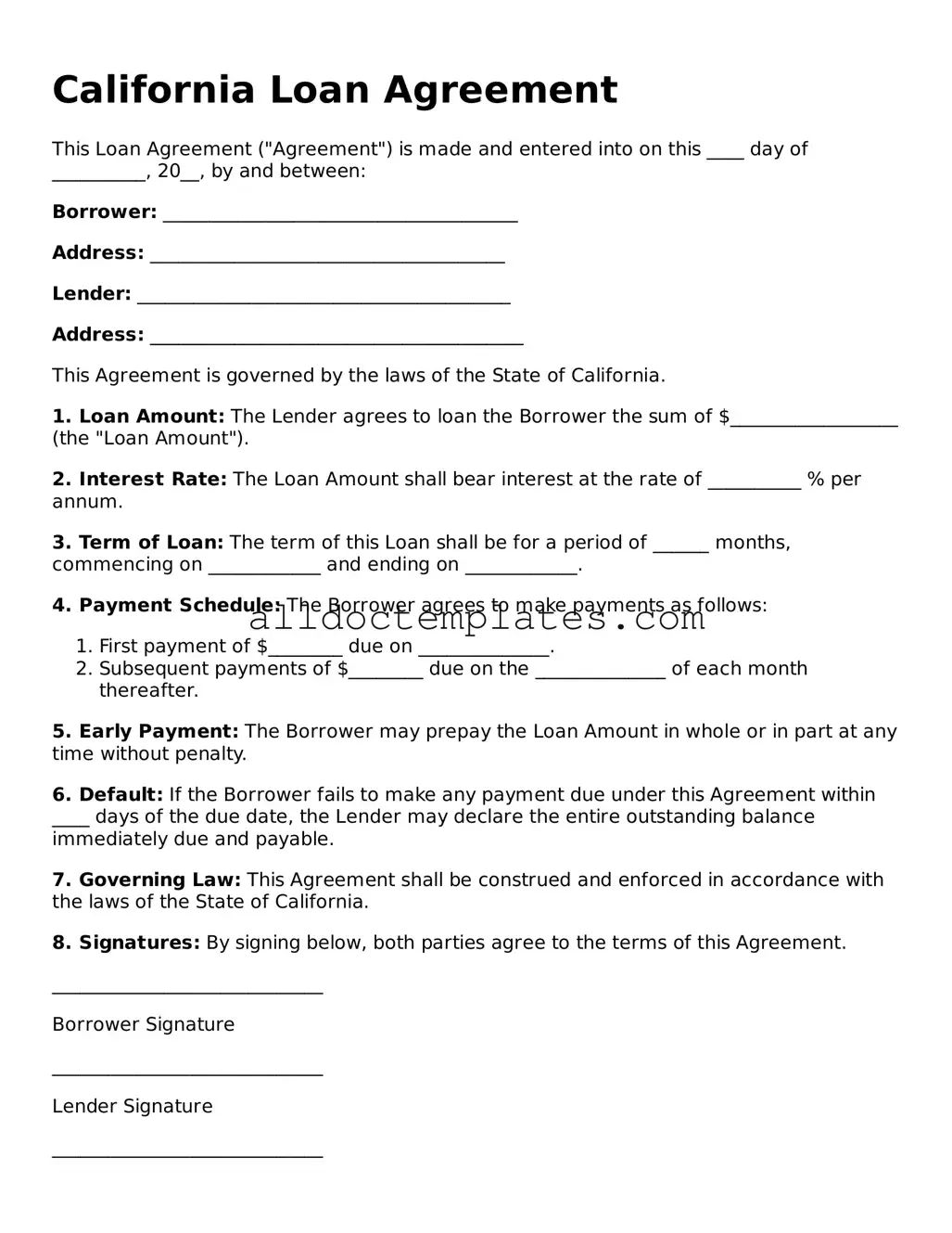 Free Loan Agreement Document for California State