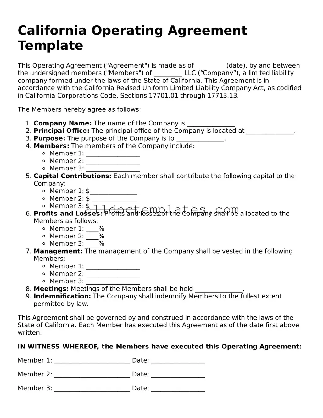 Free Operating Agreement Document for California State