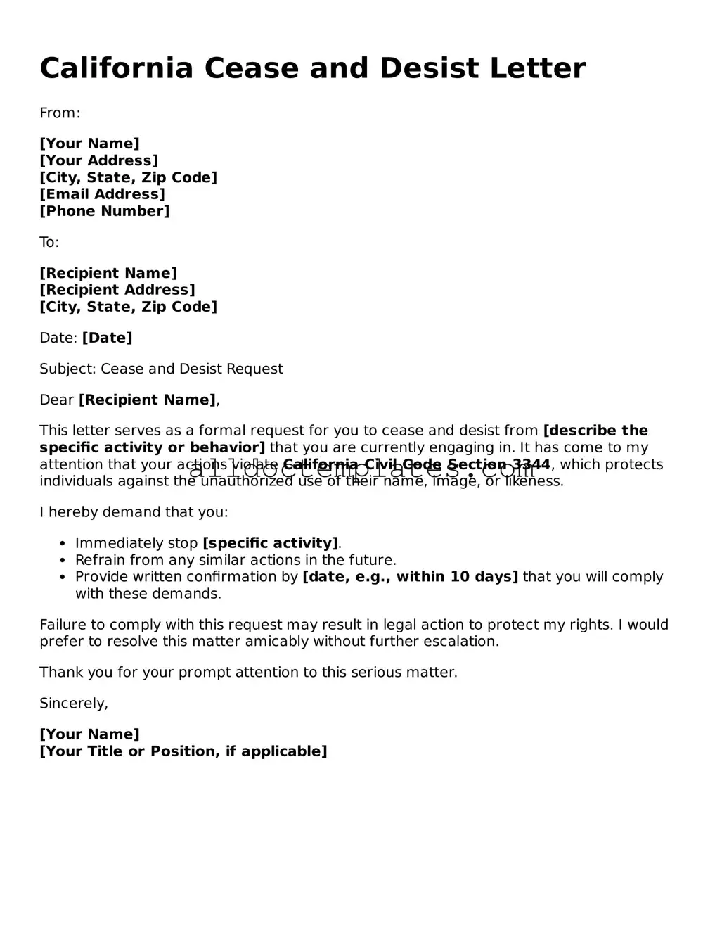 Free Cease and Desist Letter Document for California State