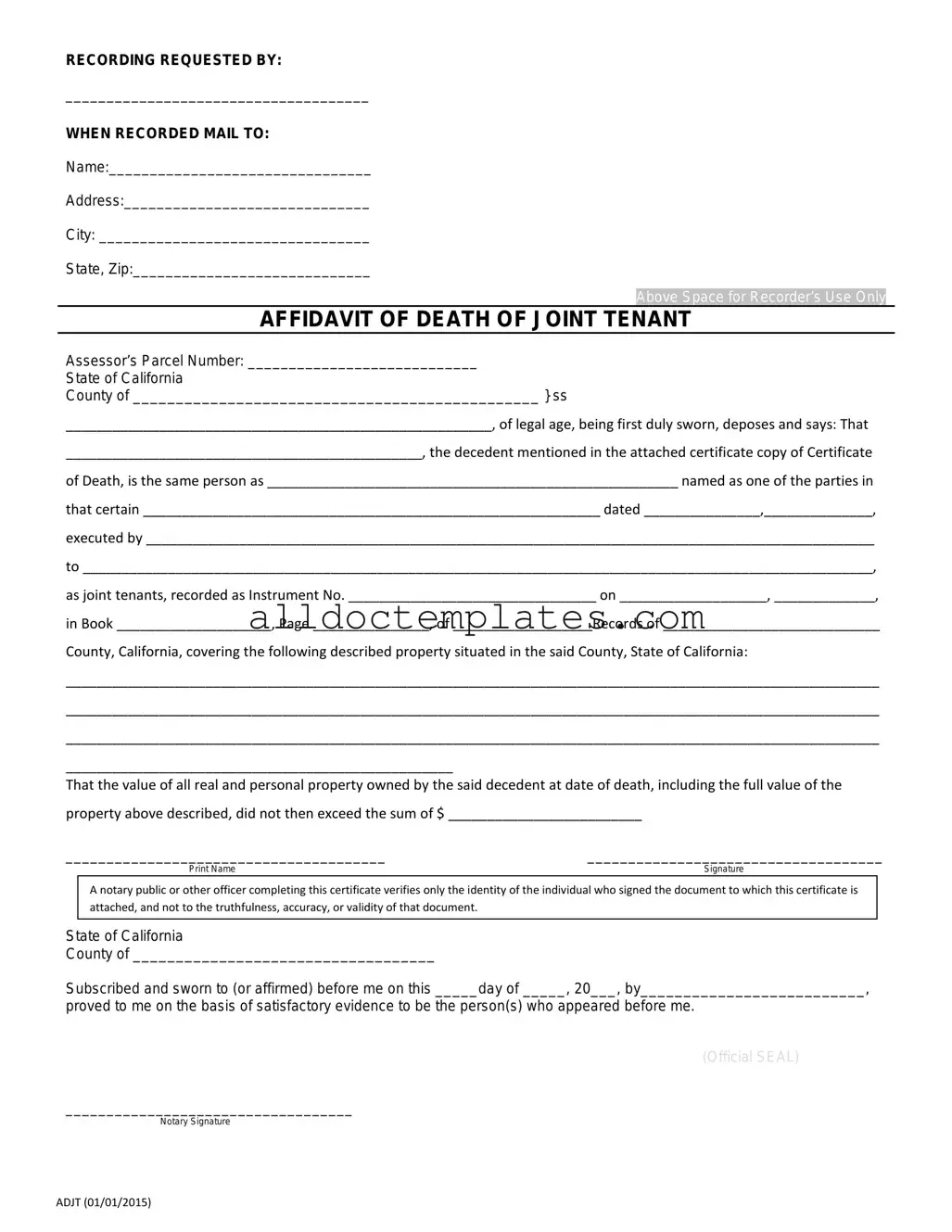 Fill in a Valid California Death of a Joint Tenant Affidavit Form
