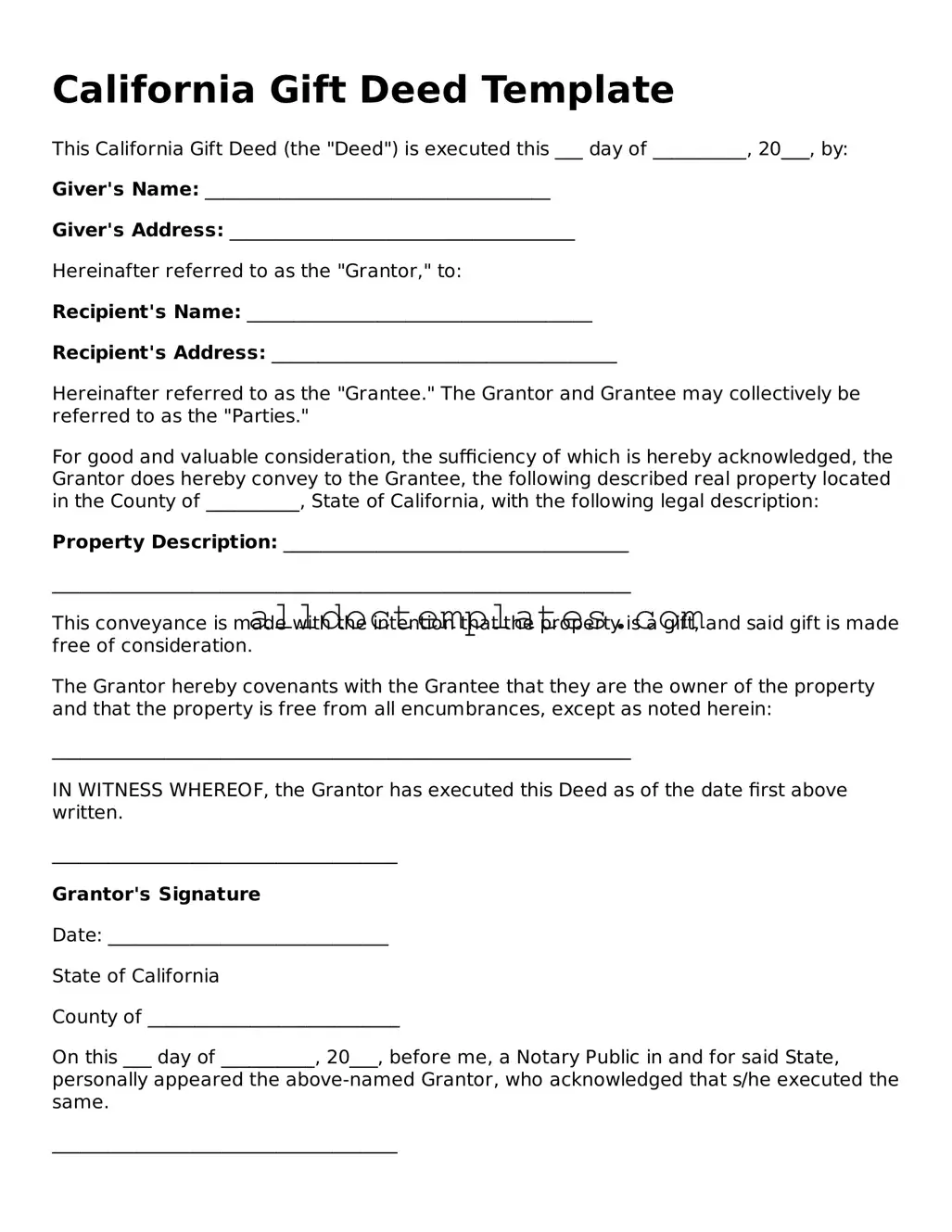 Free Gift Deed Document for California State