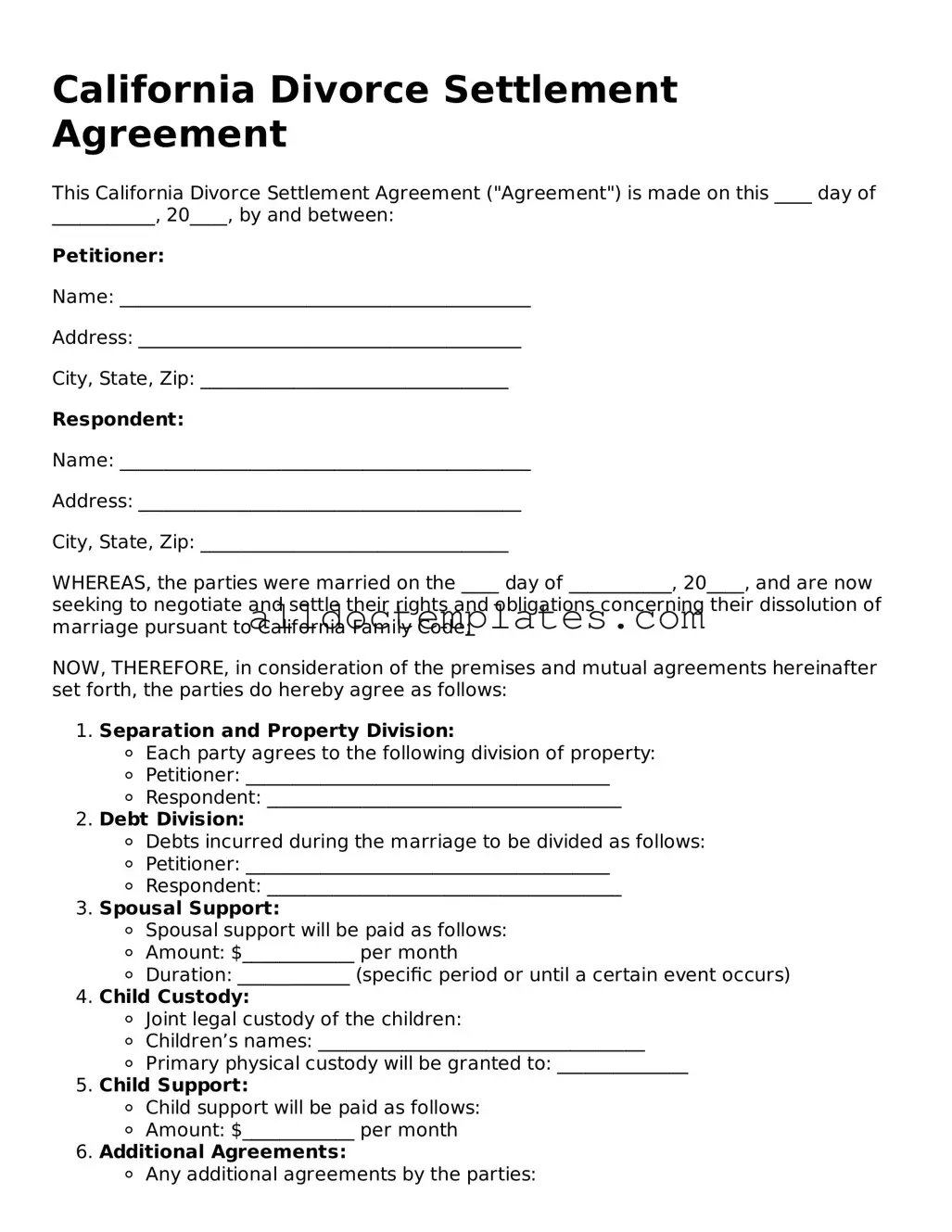 Free Divorce Settlement Agreement Document for California State