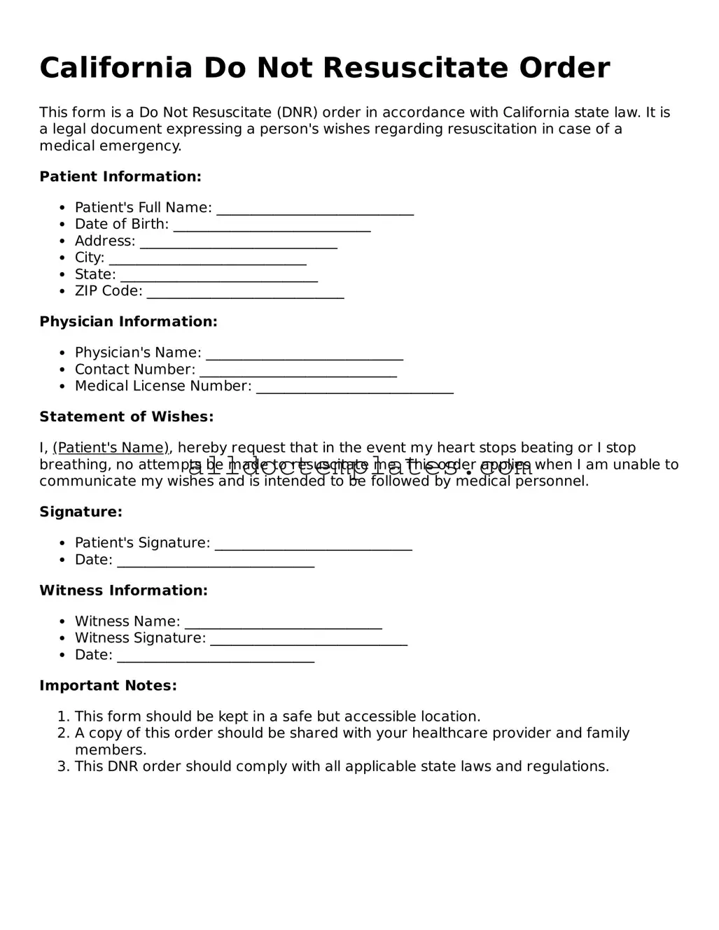 Free Do Not Resuscitate Order Document for California State
