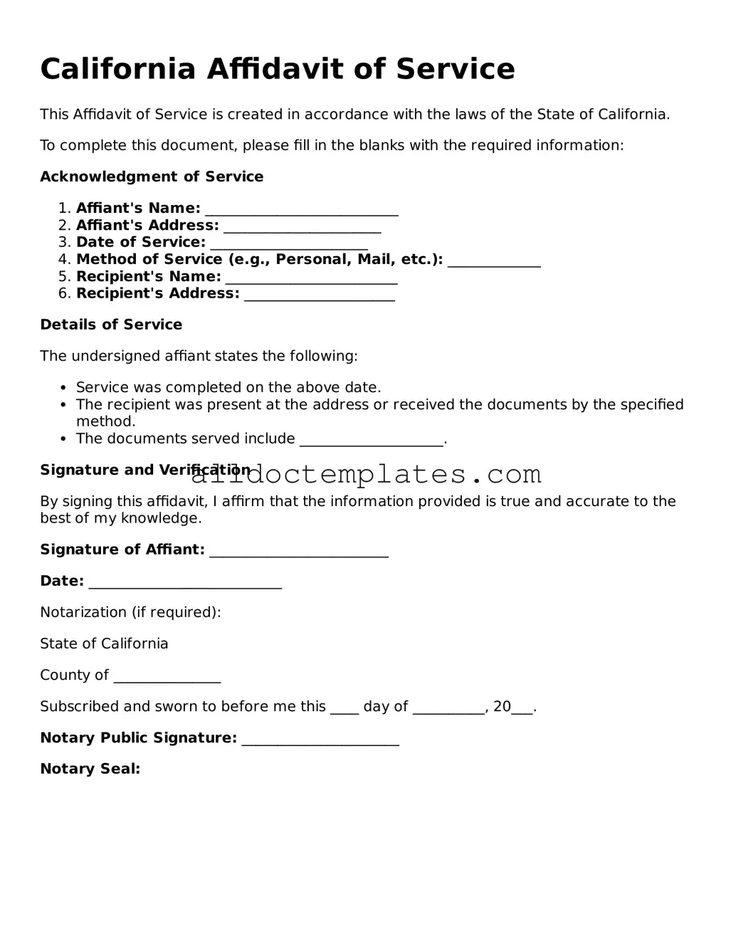 Free Affidavit of Service Document for California State