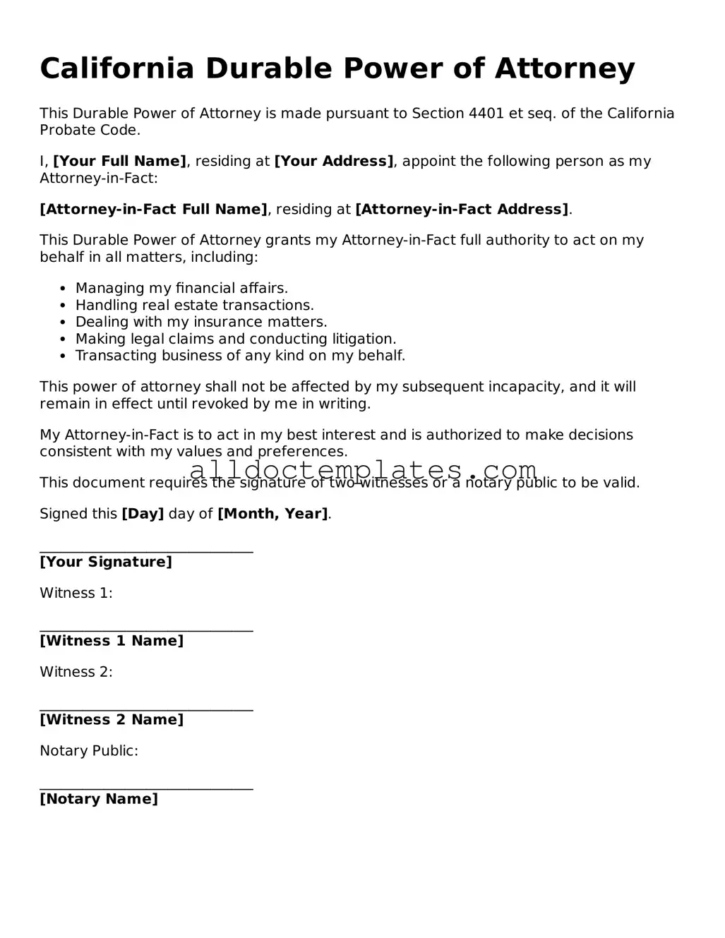 Free Durable Power of Attorney Document for California State