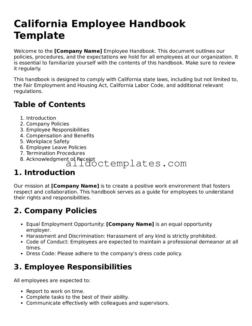 Free Employee Handbook Document for California State