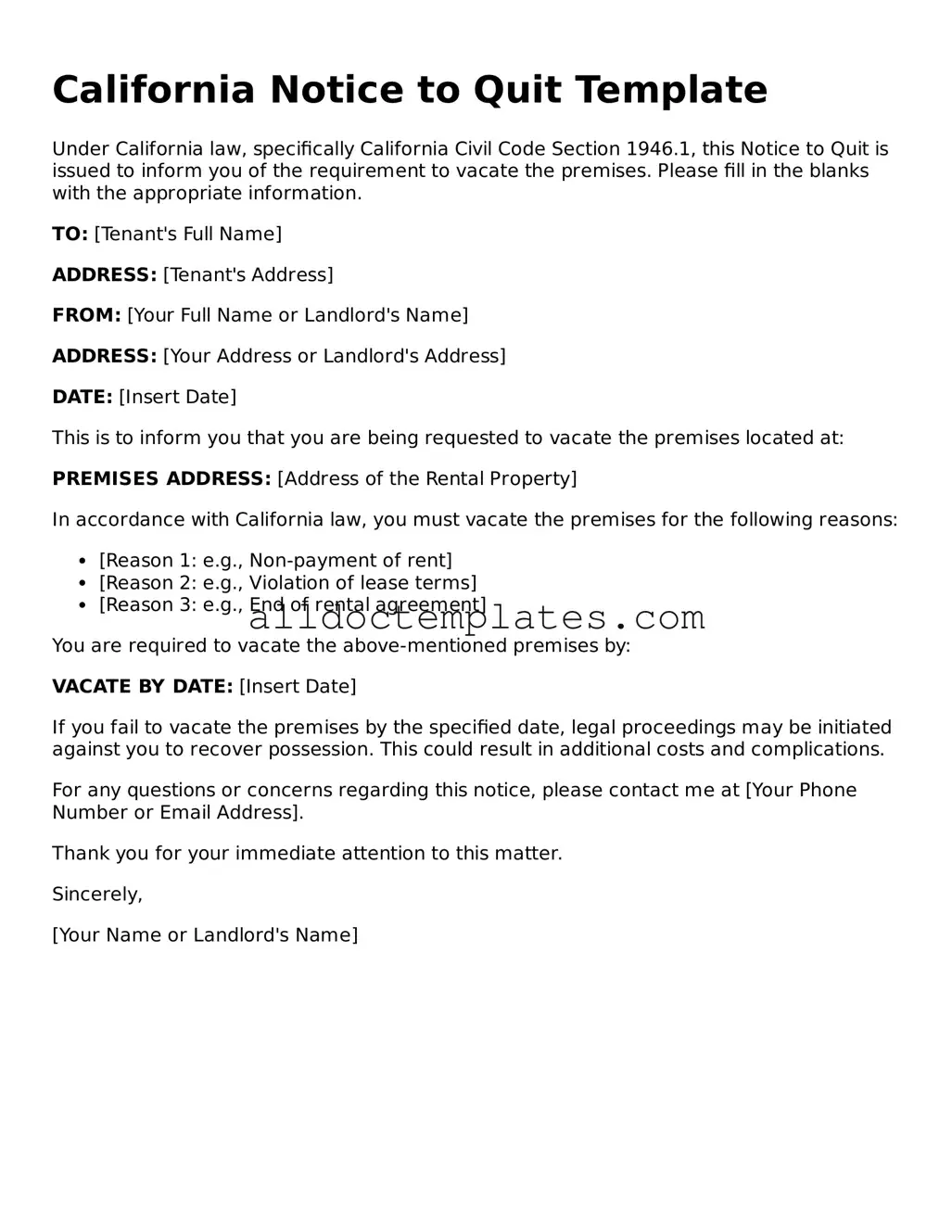 Free Notice to Quit Document for California State