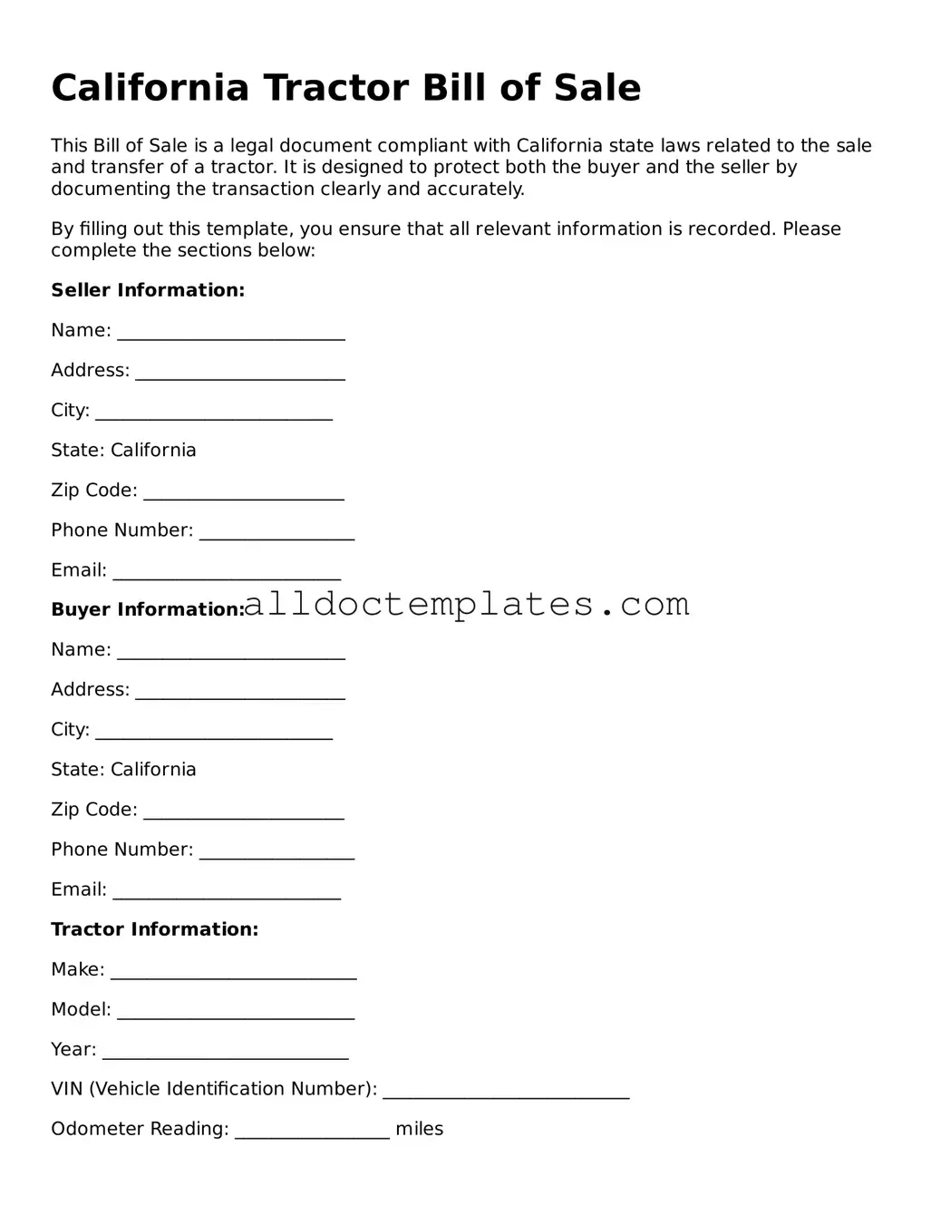 Free Tractor Bill of Sale Document for California State