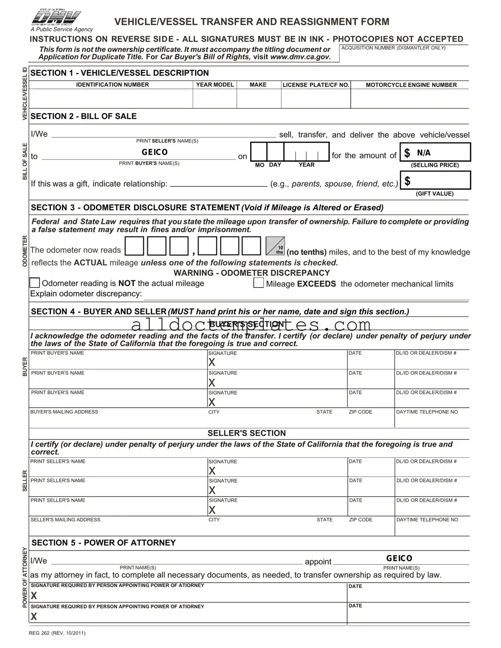 Fill in a Valid California Fotm Reg 262 Form