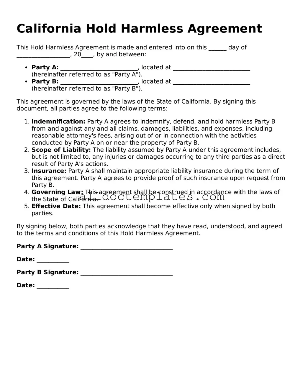 Free Hold Harmless Agreement Document for California State