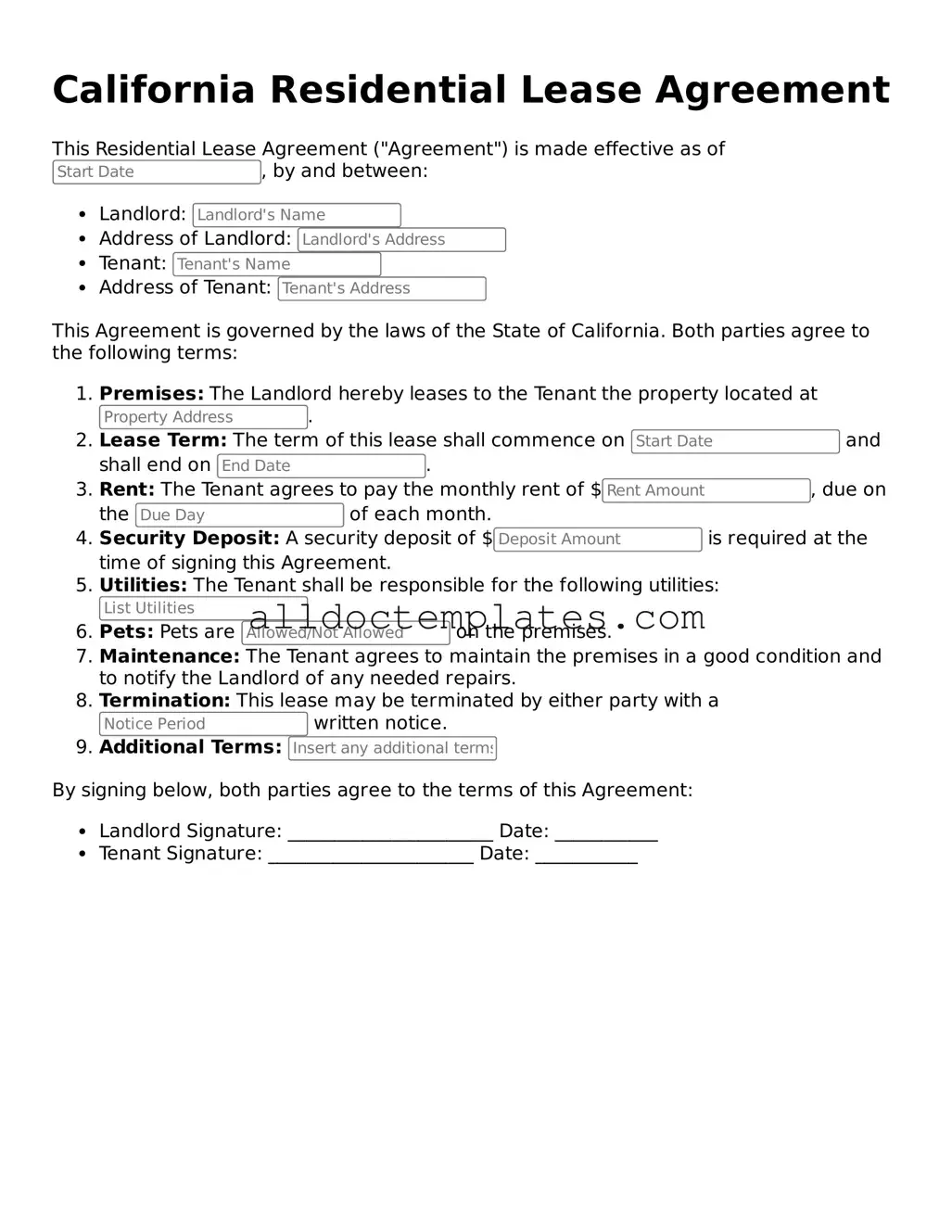 Free Residential Lease Agreement Document for California State