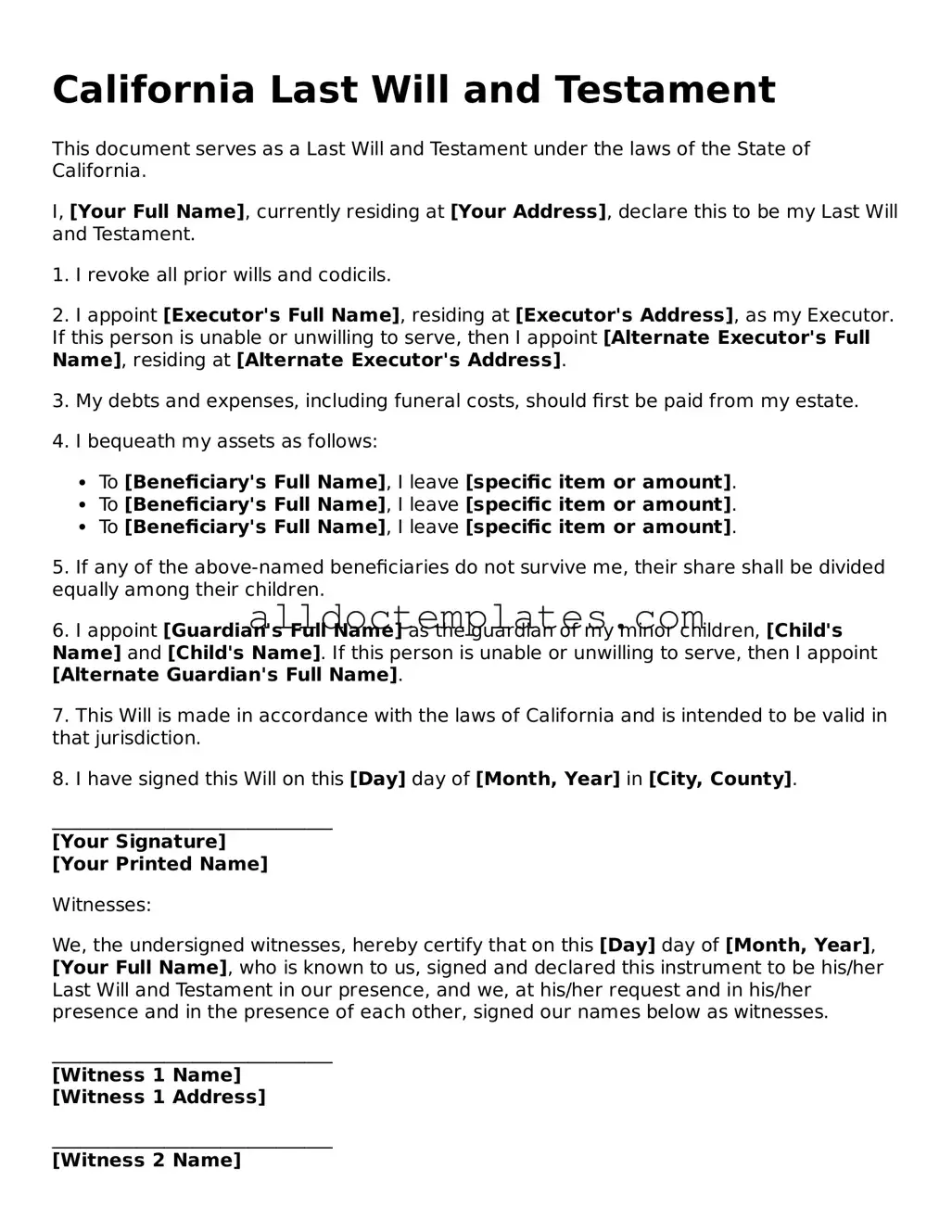 Free Last Will and Testament Document for California State