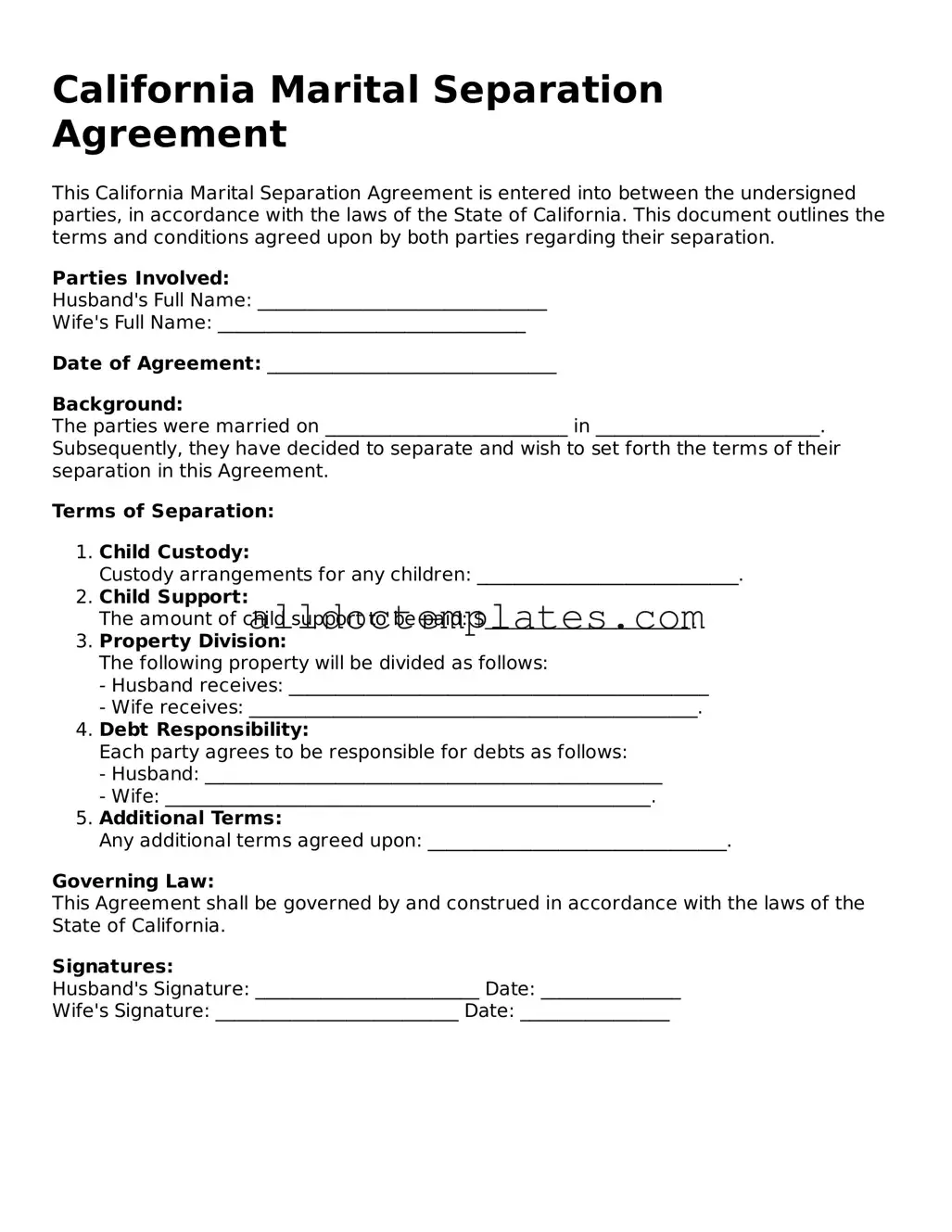 Free Marital Separation Agreement Document for California State