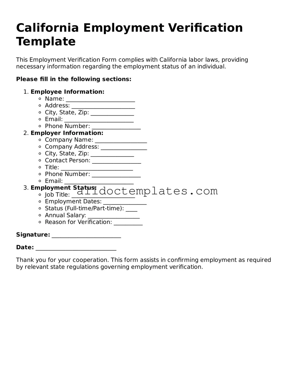 Free Employment Verification Document for California State