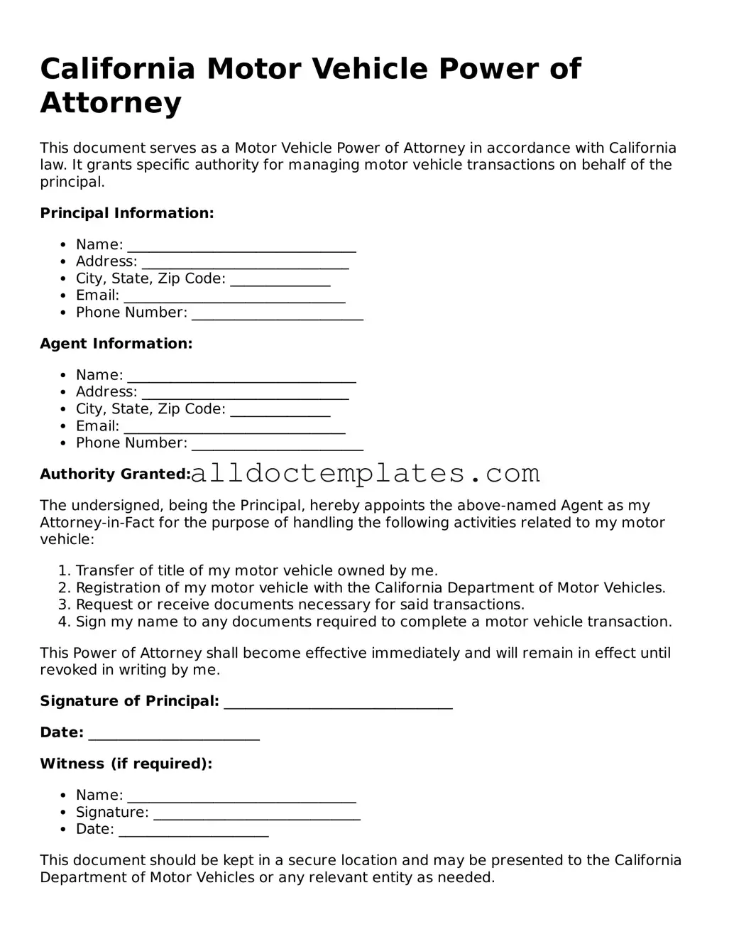 Free Motor Vehicle Power of Attorney Document for California State