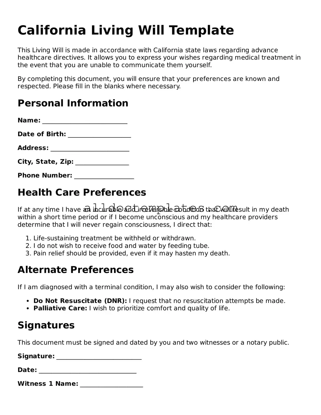 Free Living Will Document for California State