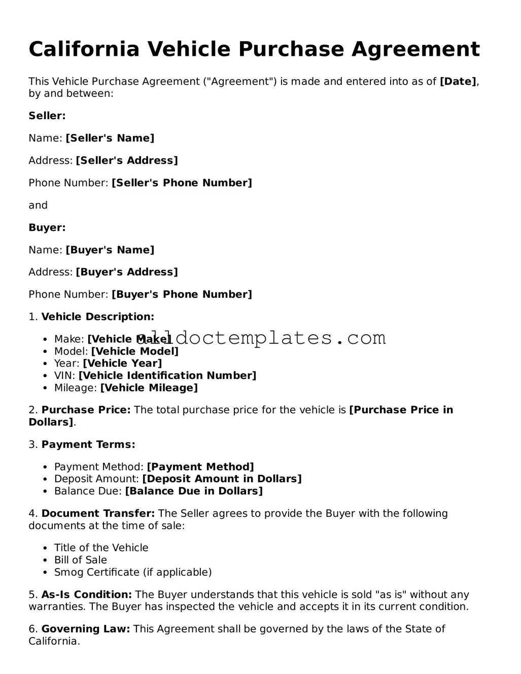 Free Vehicle Purchase Agreement Document for California State